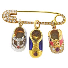 Diamond Enamel Gold Baby Shoe Charm Safety Pin Brooch