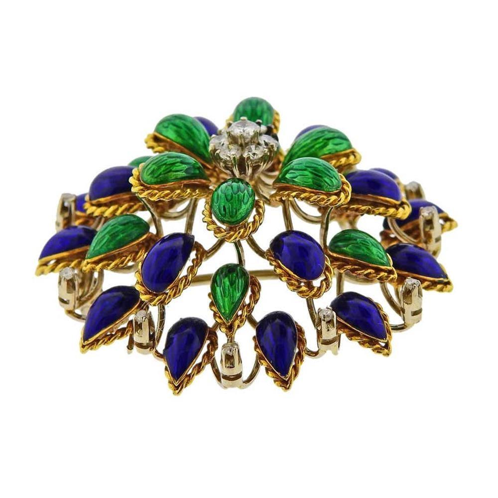Victorian Diamond And Green-Emerald Paste Brooch Pin in 18K Yellow Gold Over 
