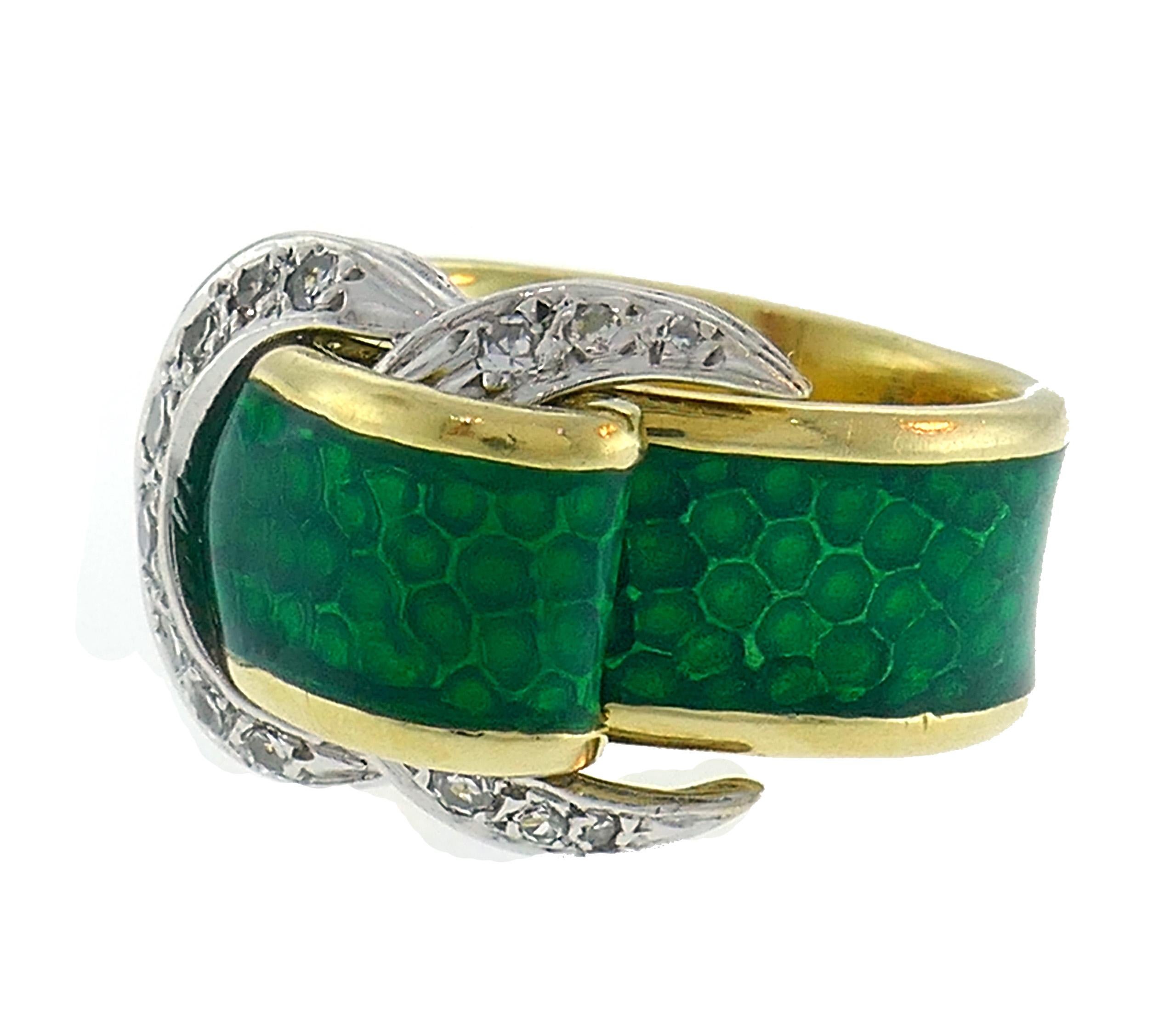 Round Cut Diamond Enamel Gold Buckle Ring Art Nouveau Style