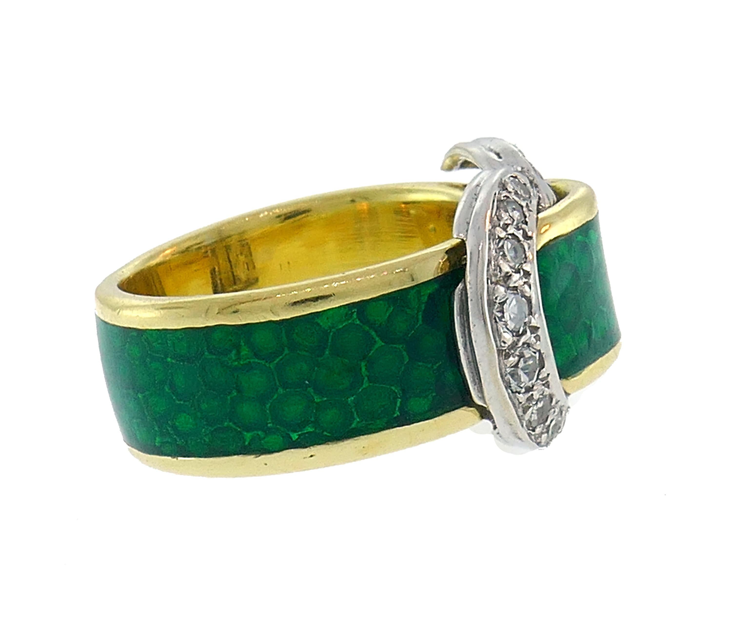 Women's or Men's Diamond Enamel Gold Buckle Ring Art Nouveau Style