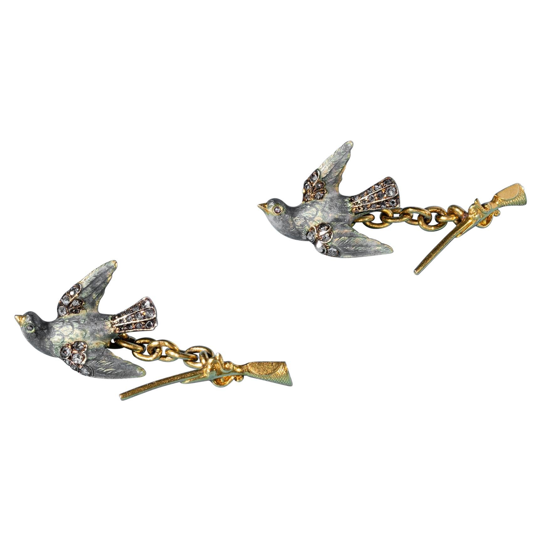 Diamond Enamel Gold Cufflinks "War and Peace" Early 20th Century For Sale