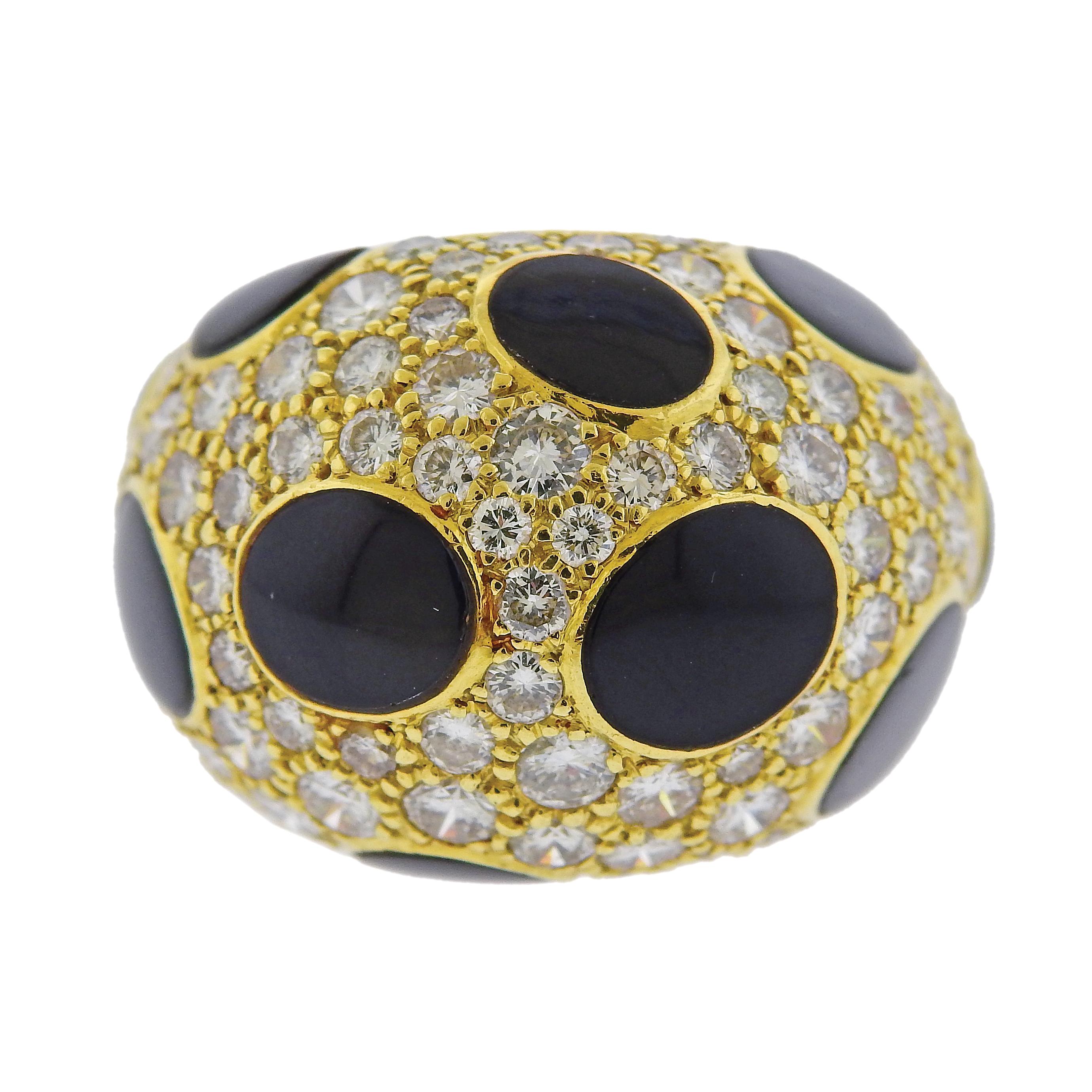 18k yellow gold dome ring, set with black enamel and approx. 3.50ctw in diamonds. Ring size is 5, ring top is 20mm wide. Marked 750 and with a maker's symbol (illegible). Weighs 19.6 grams.

SKU#R-03058