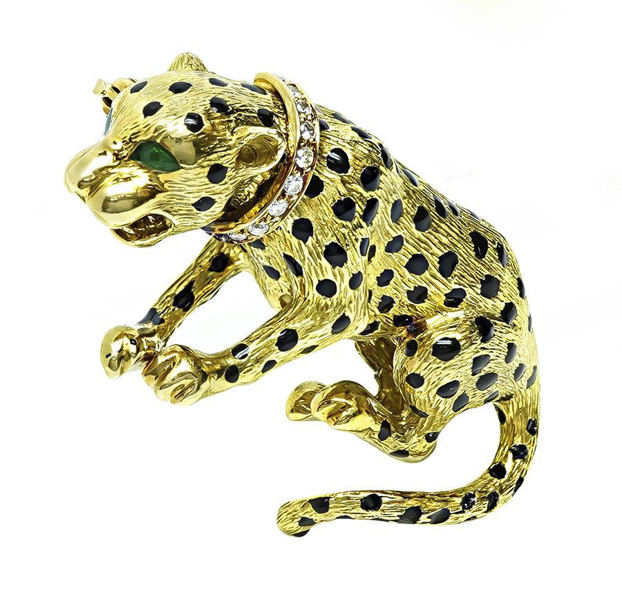 This is a charming 18k yellow gold enamel panther pin. The pin is accentuated by round cut diamond accents. The pin measures 27mm by 47.5mm and weighs 18 grams. The pin is stamped 750.