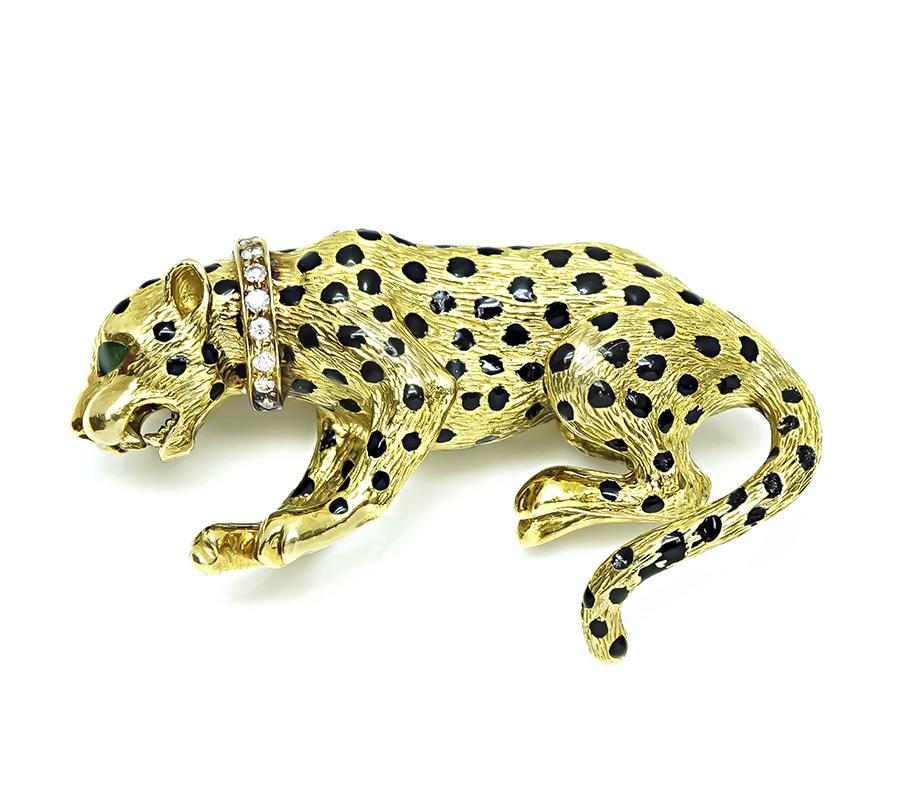 Round Cut Diamond Enamel Gold Panther Pin For Sale