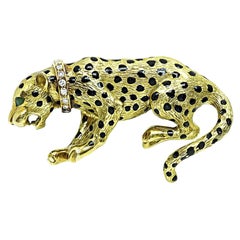 Diamond Enamel Gold Panther Pin