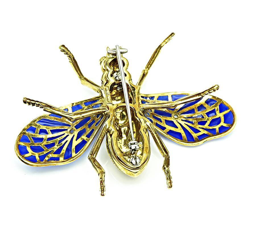 Diamond Enamel Gold Plique-a-jour Bee Pin In Good Condition For Sale In New York, NY