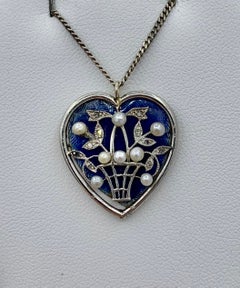 Diamond Enamel Necklace Heart Flower Basket Pearl White Gold Victorian Edwardian