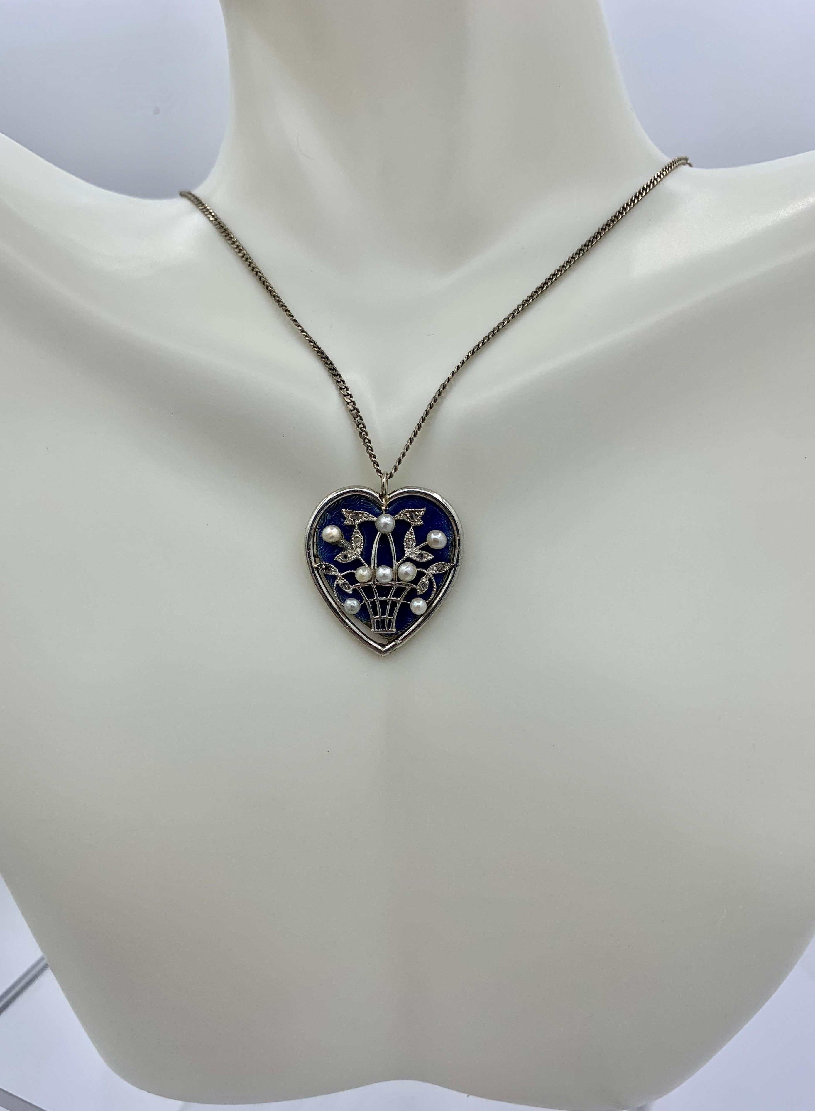 Rose Cut Diamond Enamel Necklace Heart Flower Basket Pearl White Gold Victorian Edwardian For Sale