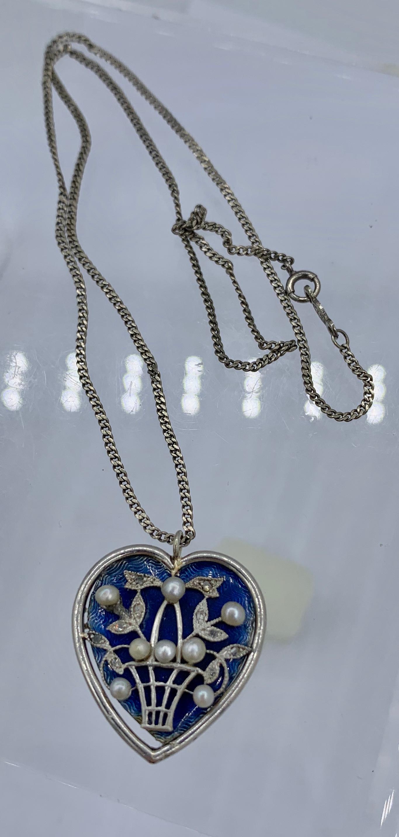 Diamond Enamel Necklace Heart Flower Basket Pearl White Gold Victorian Edwardian In Good Condition For Sale In New York, NY
