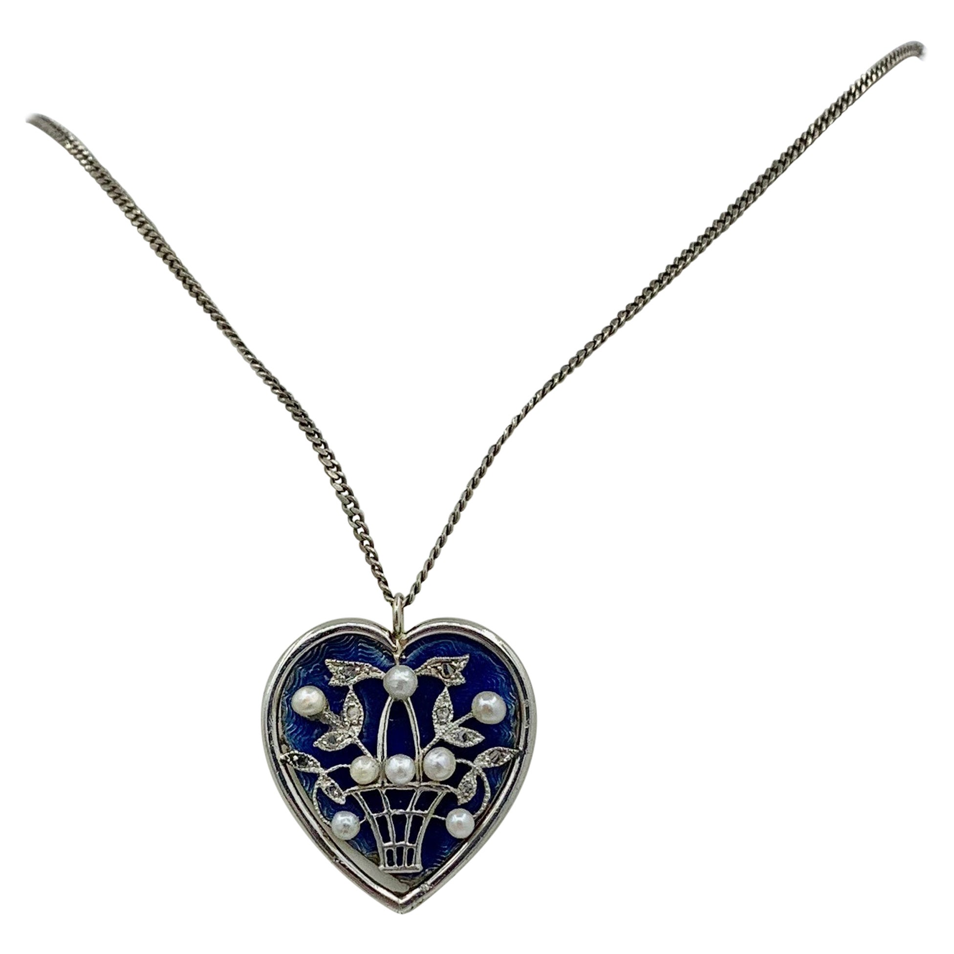 Diamant-Emaille-Halskette Herzblumenkorb Perle Weißgold viktorianisch Edwardianisch im Angebot