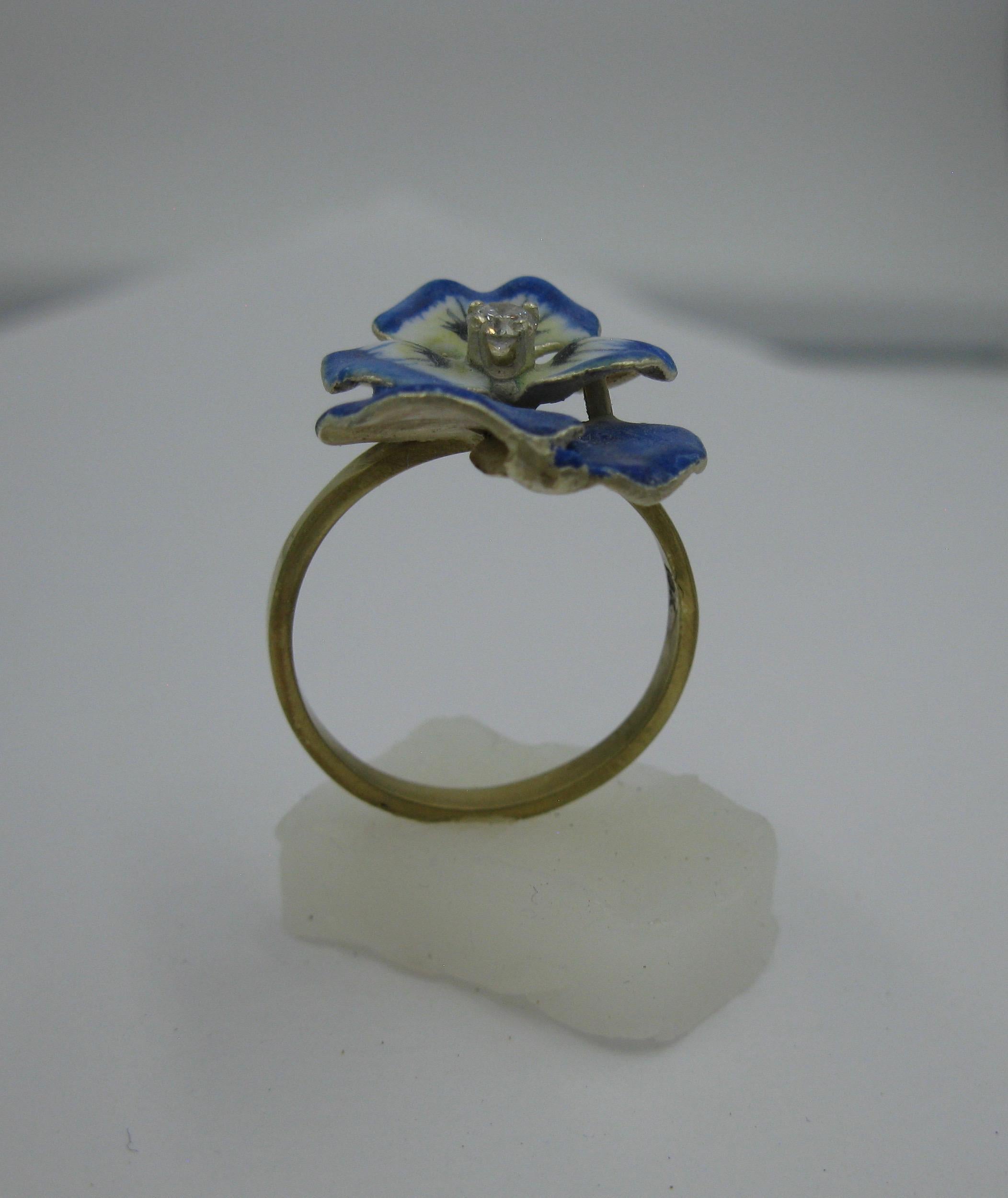 Diamond Enamel Pansy Flower Ring Antique Victorian 18 Karat Gold 4
