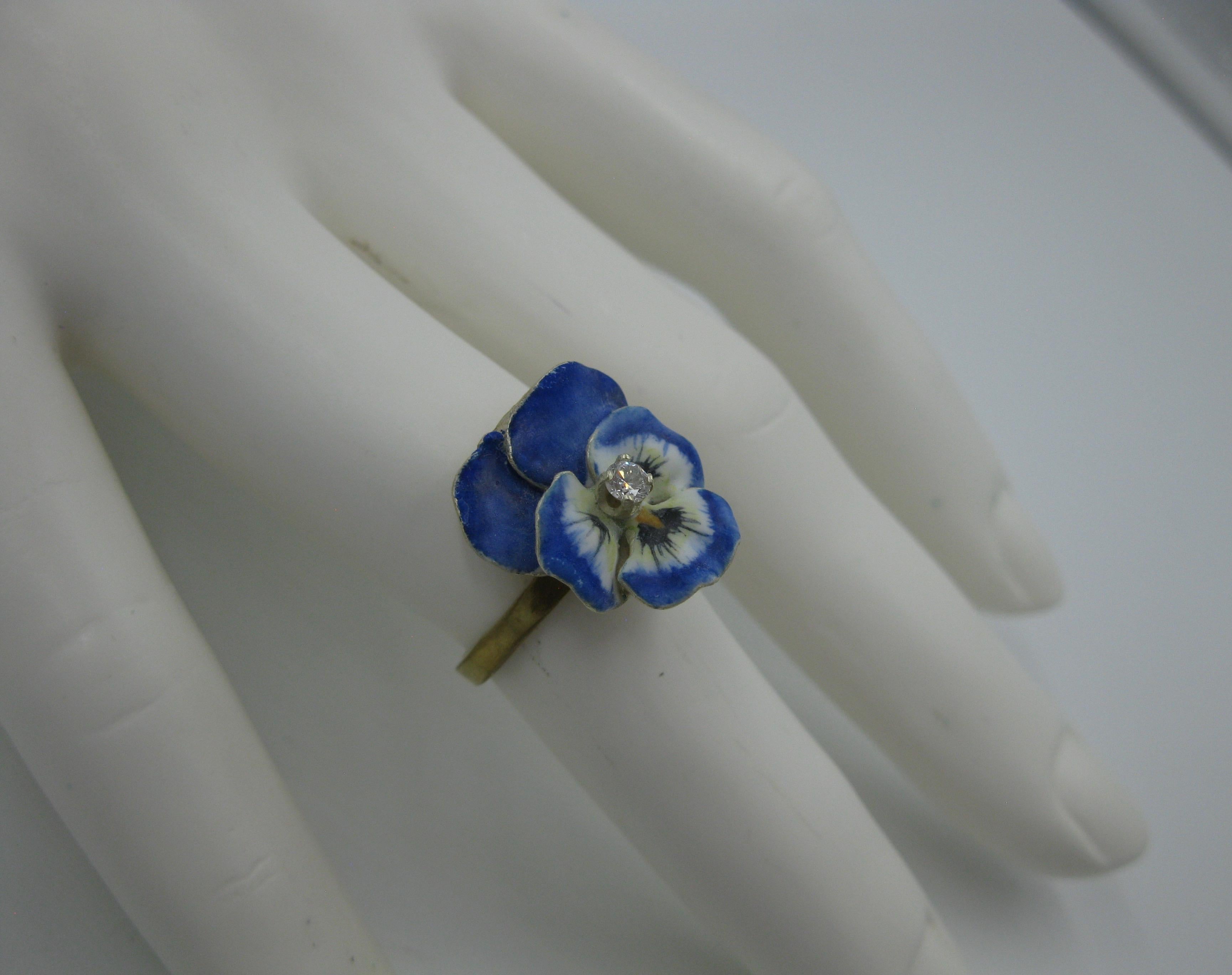 Women's Diamond Enamel Pansy Flower Ring Antique Victorian 18 Karat Gold