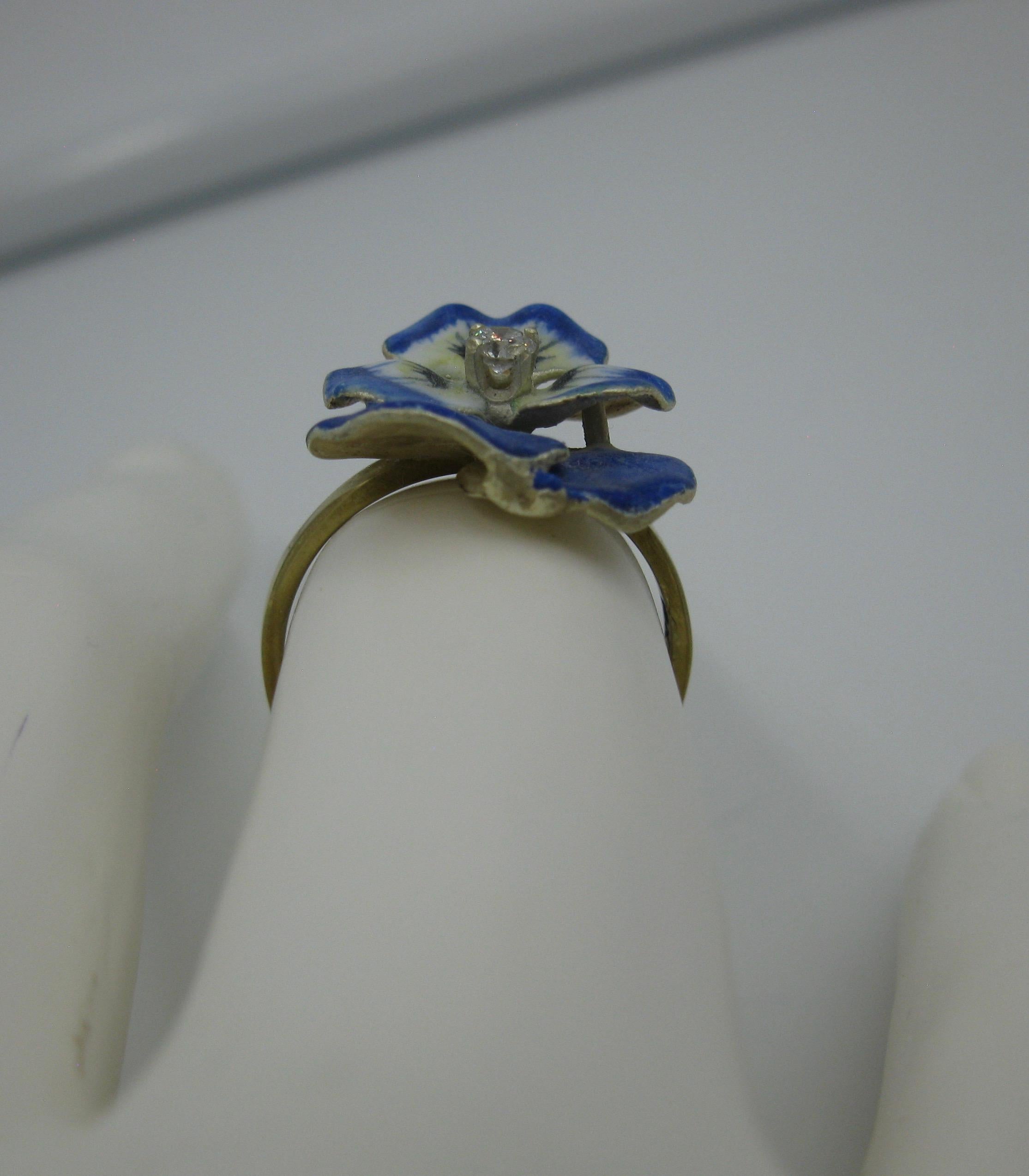 Diamond Enamel Pansy Flower Ring Antique Victorian 18 Karat Gold 3