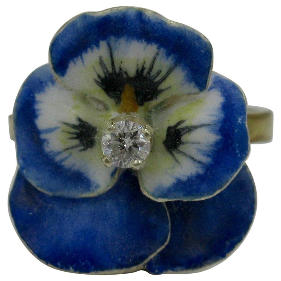 Diamond Enamel Pansy Flower Ring Antique Victorian 18 Karat Gold