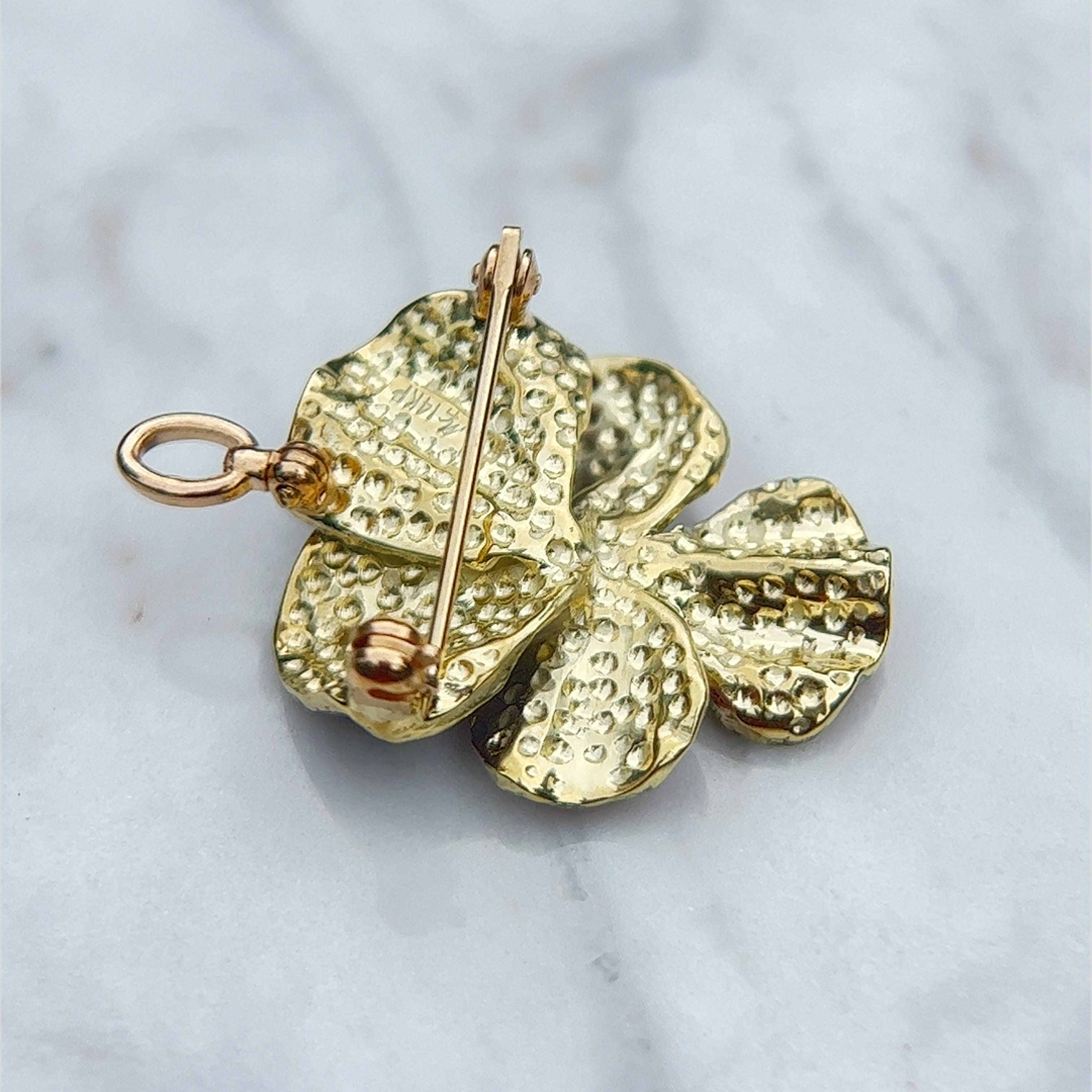 Brilliant Cut Diamond Enamel Pansy Pendant Brooch in 14 Karat Gold 