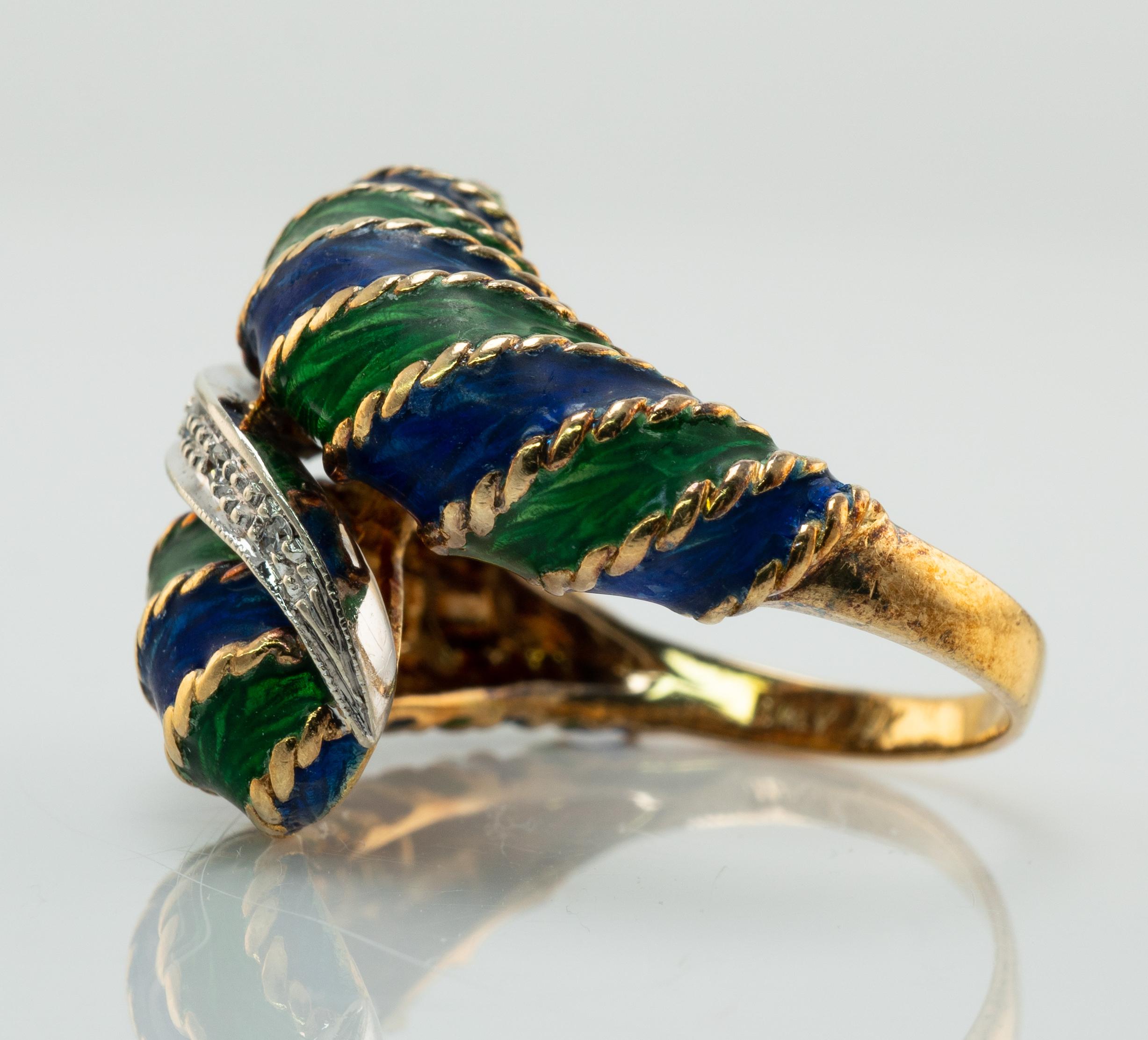 Women's Diamond Enamel Ring 18K Gold Band Vintage Italy For Sale