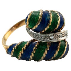 Diamond Enamel Ring 18K Gold Band Retro Italy