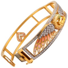 Diamond, Enamel and Ruby Bird Motif Bracelet, Signed Masriera