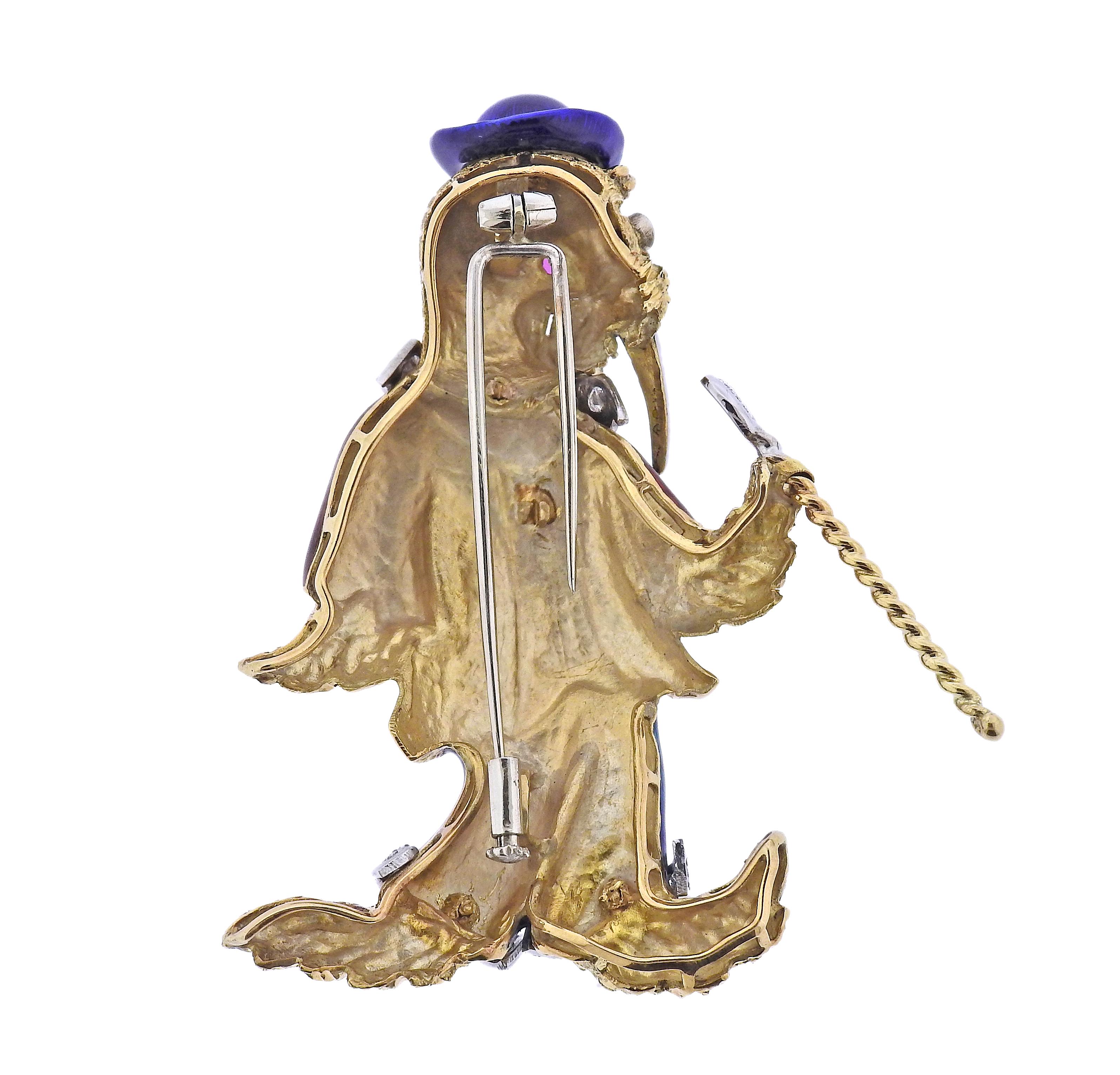 Whimsical 18k gold Italian made walrus brooch, decorated with enamel, ruby eyes 0.66ctw in diamonds. Walrus with movable stick. Brooch measures 2.5