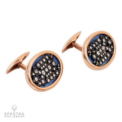 Diamond Enamel Silver Topped Rose Gold Cufflinks in Imperial Russian Style