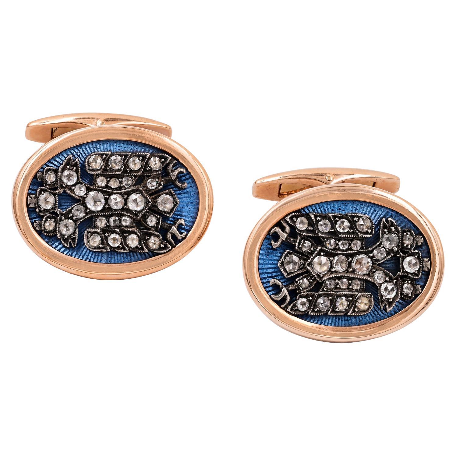 Diamond Enamel Silver Topped Rose Gold Cufflinks in Imperial Russian Style