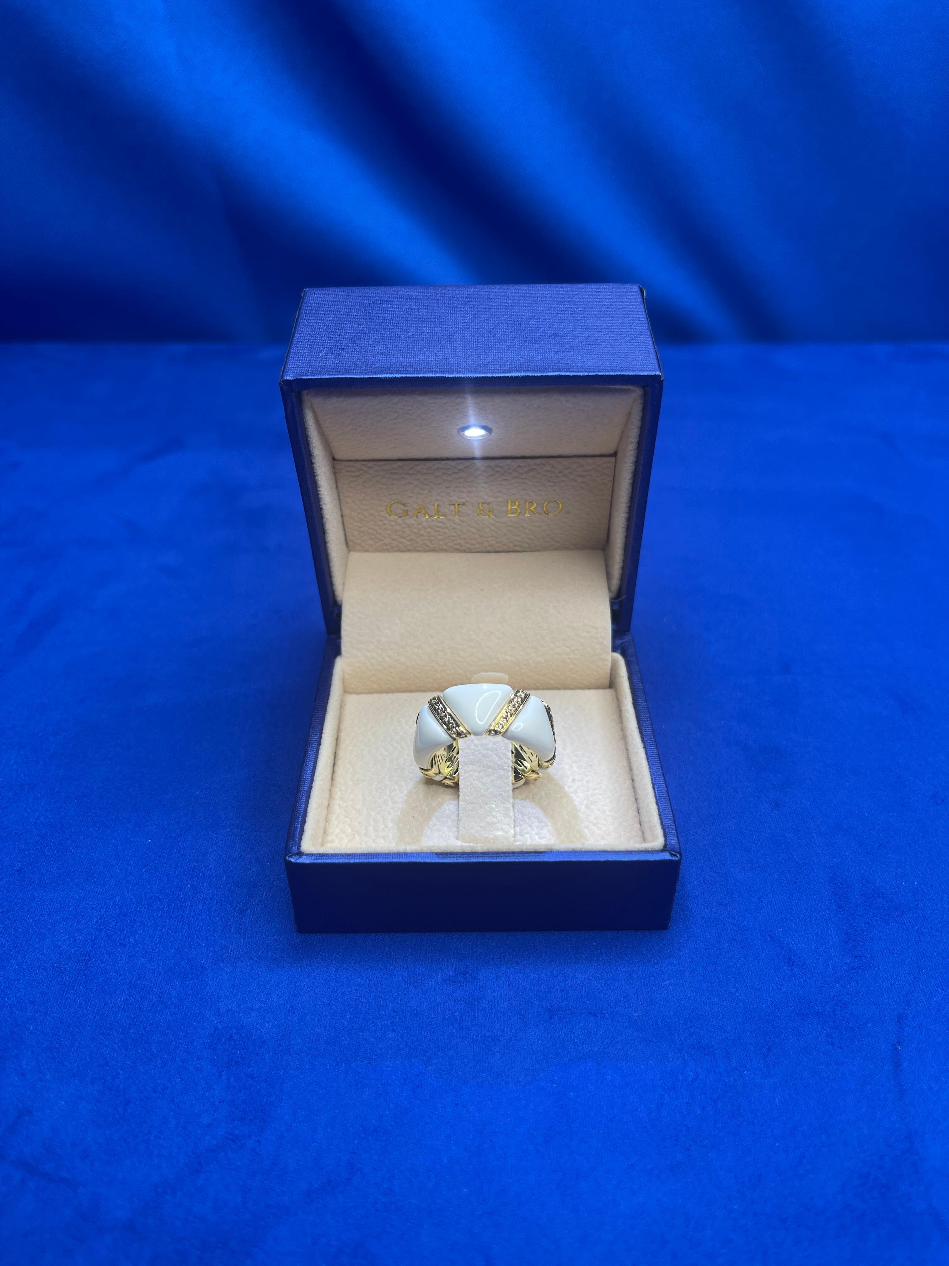 Diamond White Beige Cream Ivory Enamel Eternity Band Unique 18K Yellow Gold Ring For Sale 2