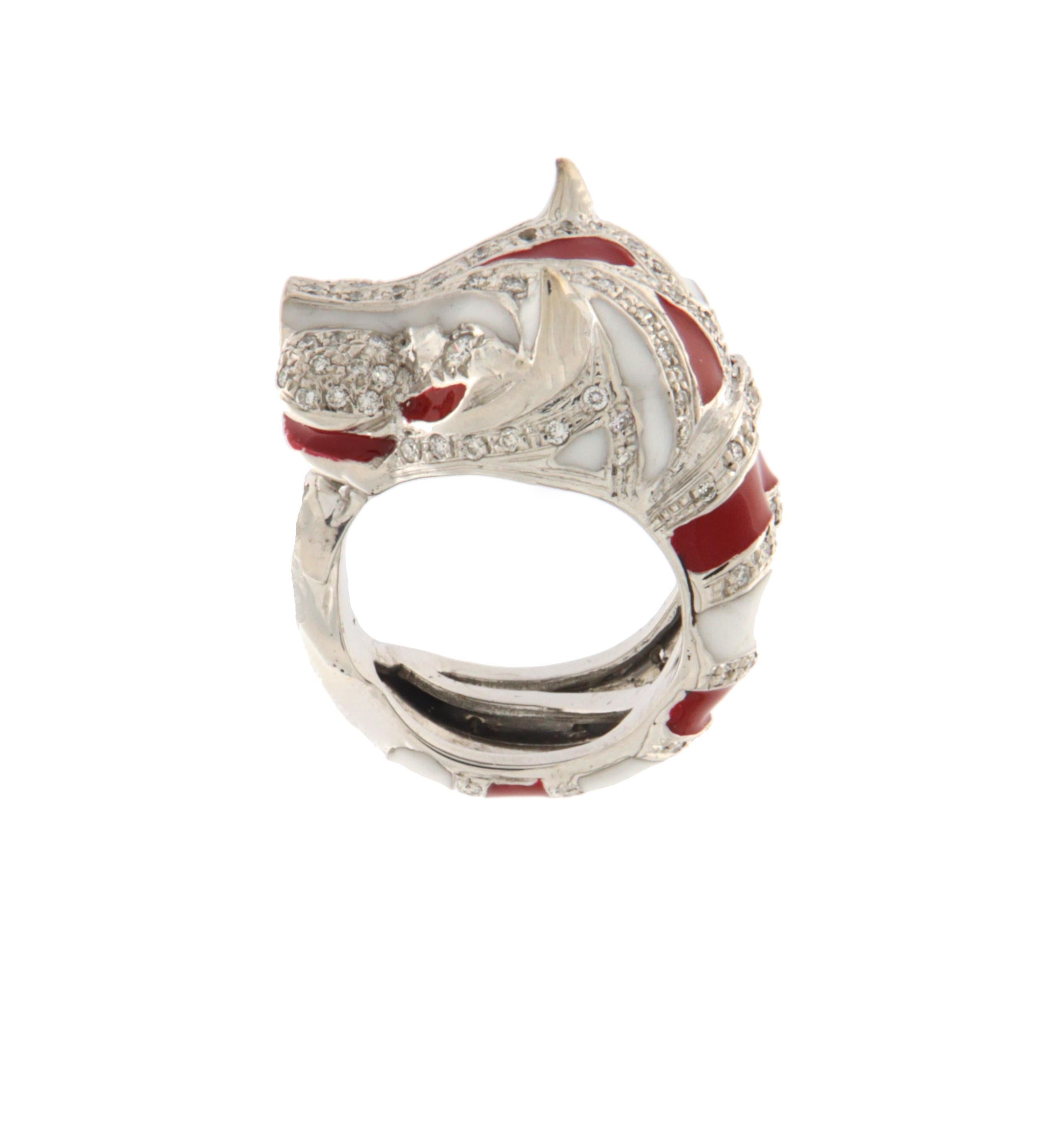 Diamant-Emaille Weißgold 18 Kt Cocktail Ringe (Rundschliff) im Angebot