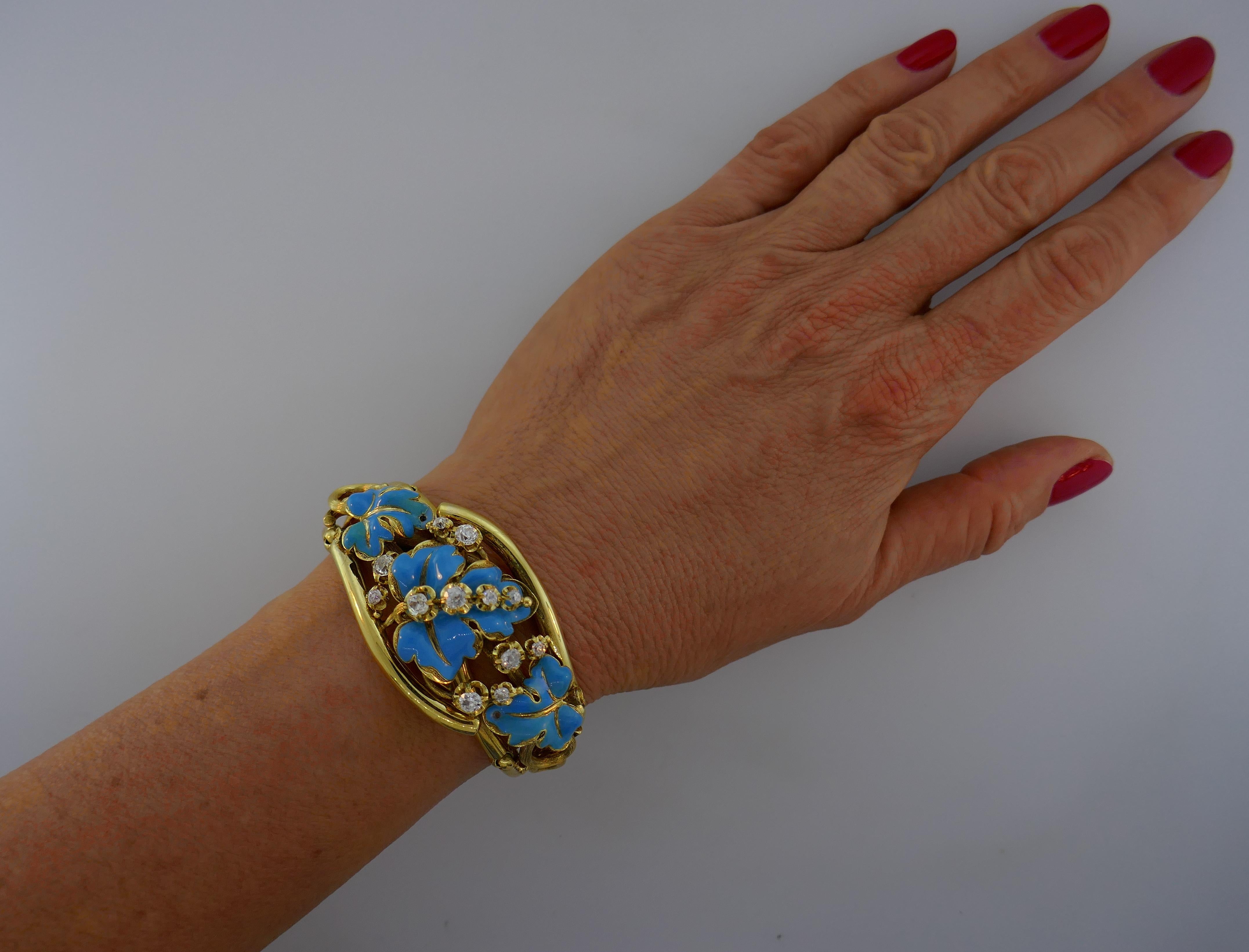 Old Mine Cut Diamond Enamel Yellow Gold Bangle Bracelet French Victorian Antique