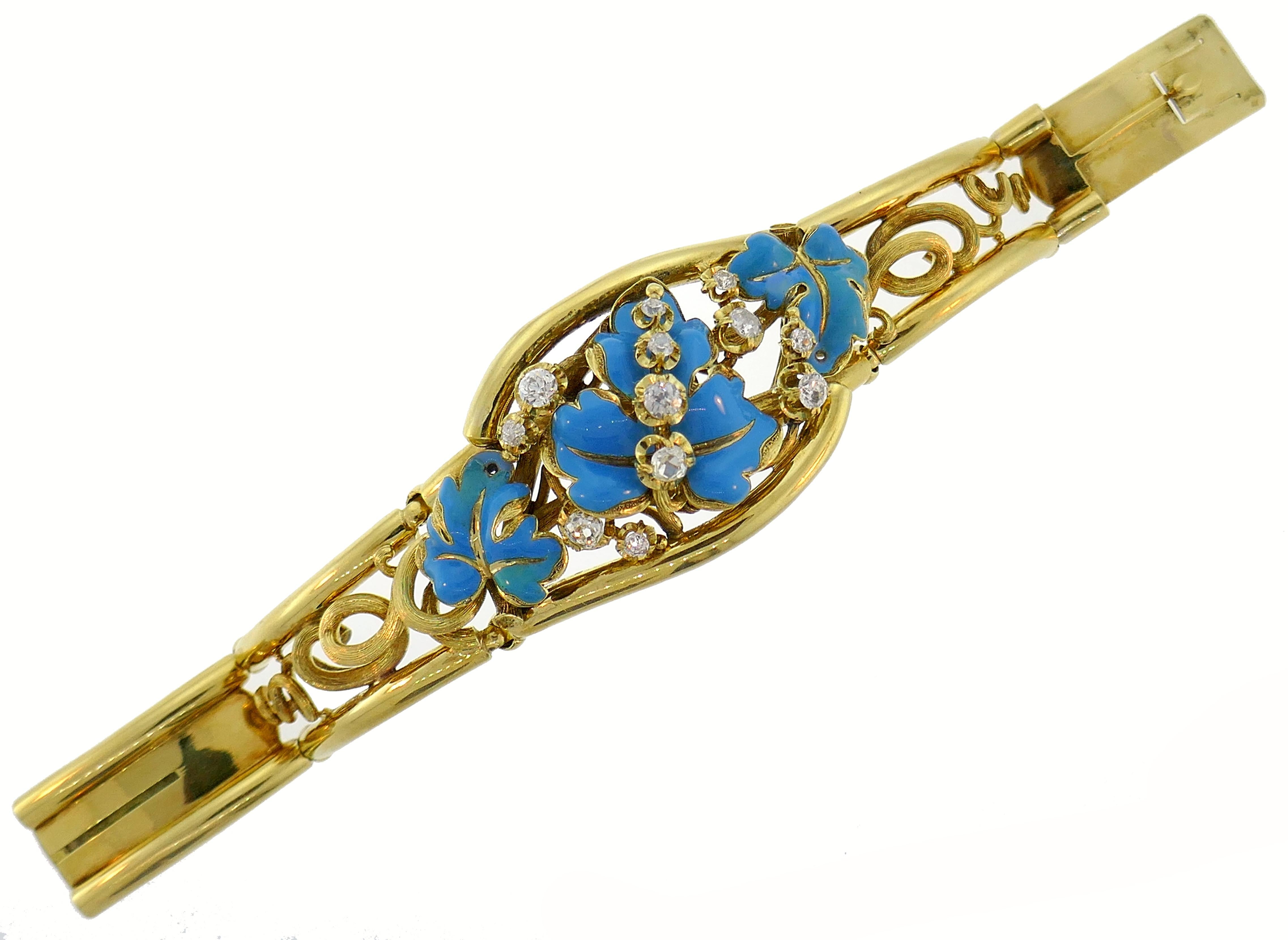 Diamond Enamel Yellow Gold Bangle Bracelet French Victorian Antique In Good Condition In Beverly Hills, CA