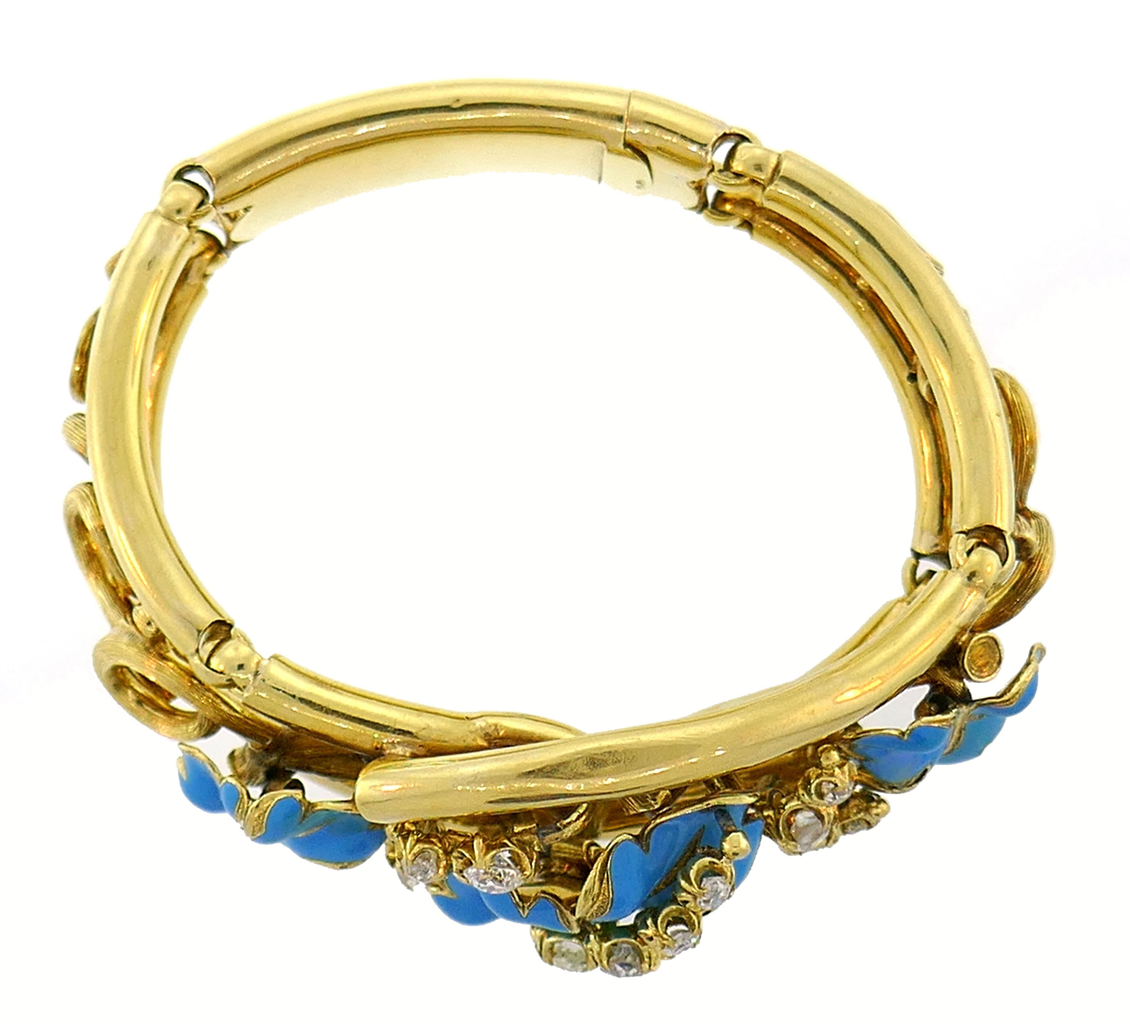 Women's Diamond Enamel Yellow Gold Bangle Bracelet French Victorian Antique