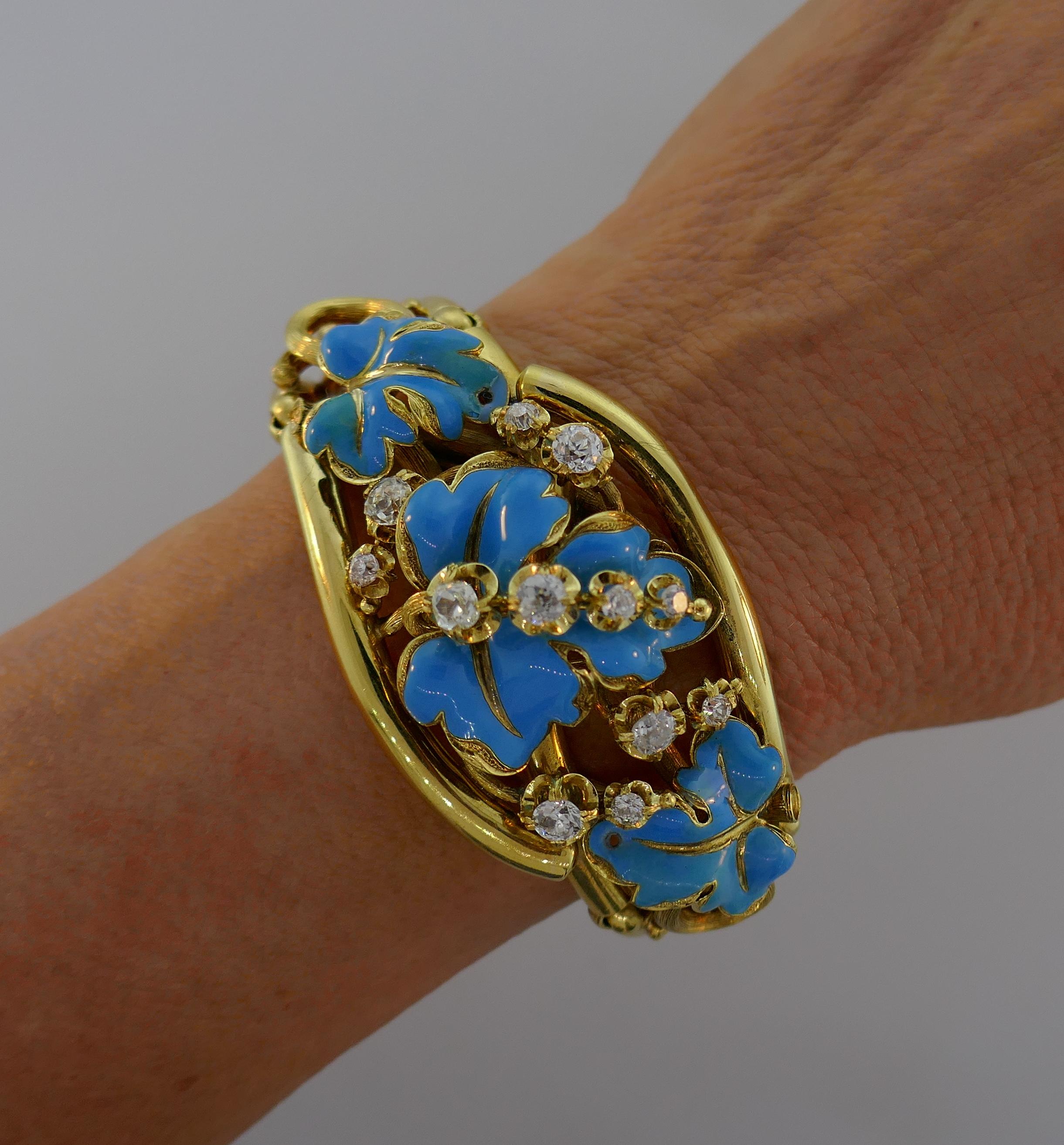 Diamond Enamel Yellow Gold Bangle Bracelet French Victorian Antique 3