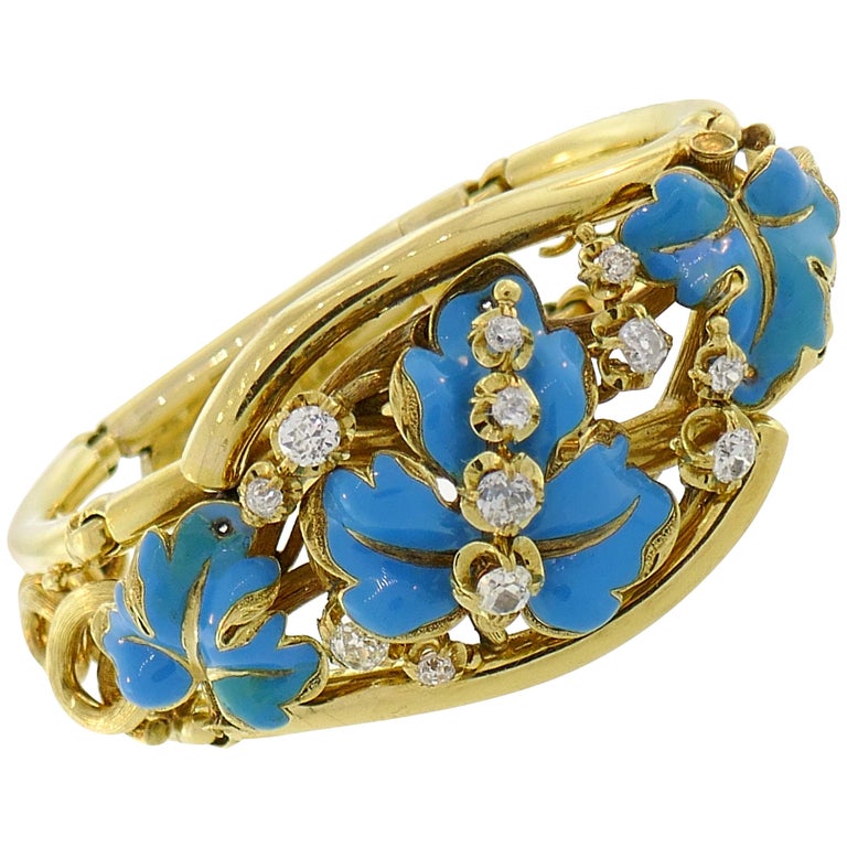 Diamond Enamel Yellow Gold Bangle Bracelet French Victorian Antique at ...
