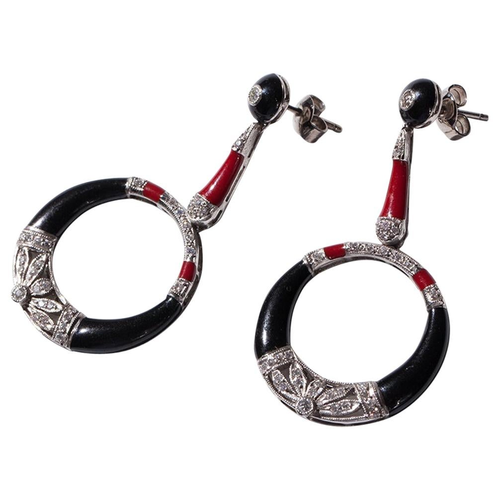 Diamond Enameled Platinum Dangle Earrings For Sale