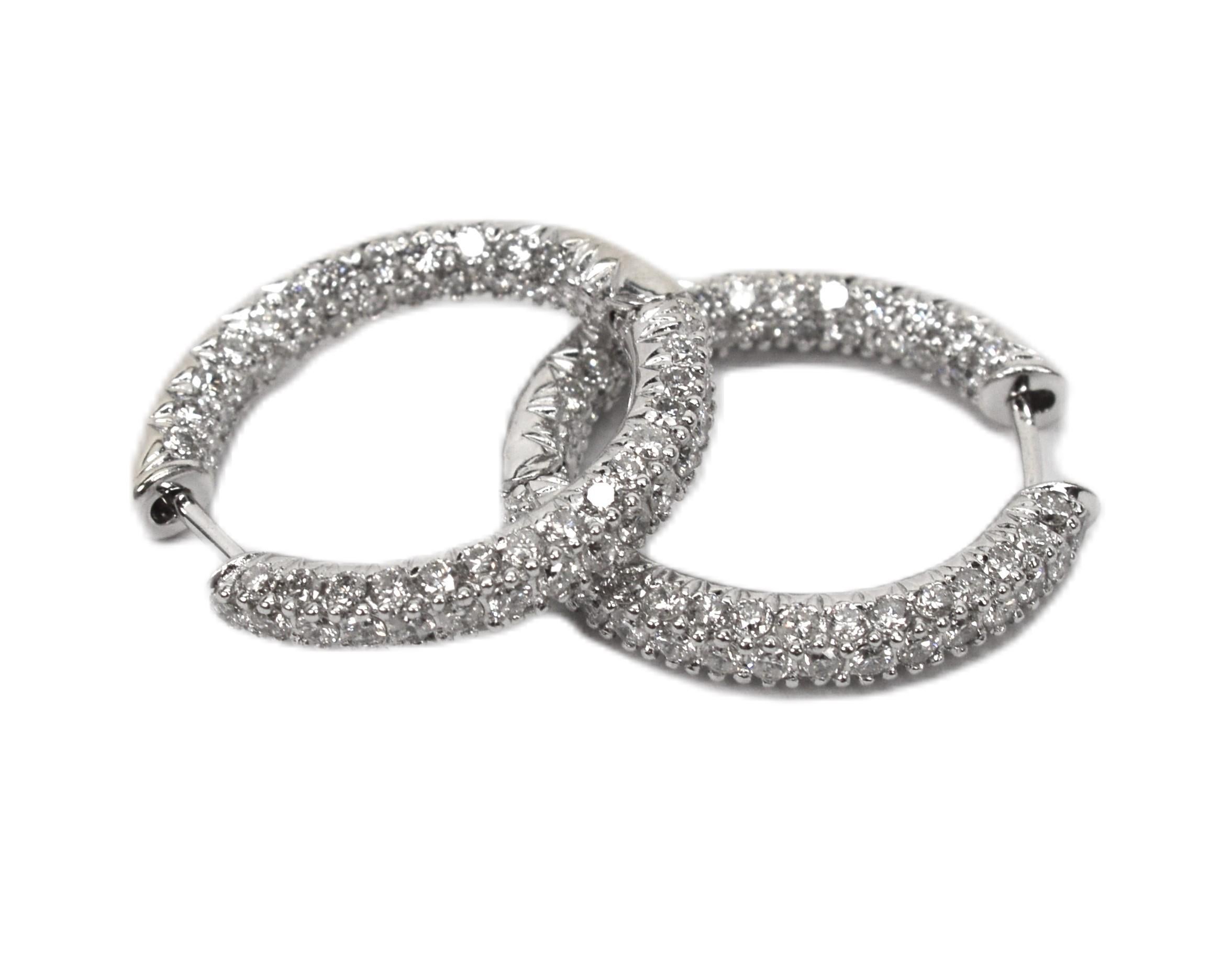 Diamond Encrusted 18 Karat White Gold Hoop Earrings In Excellent Condition For Sale In Mount Kisco, NY