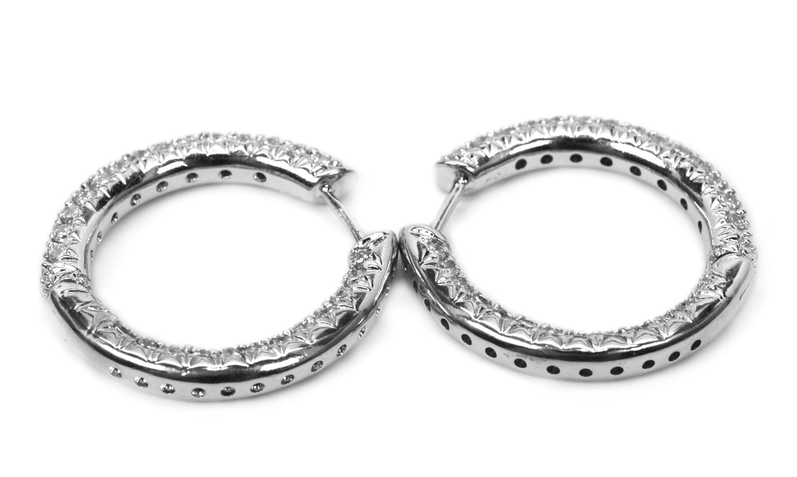 Diamond Encrusted 18 Karat White Gold Hoop Earrings For Sale 3
