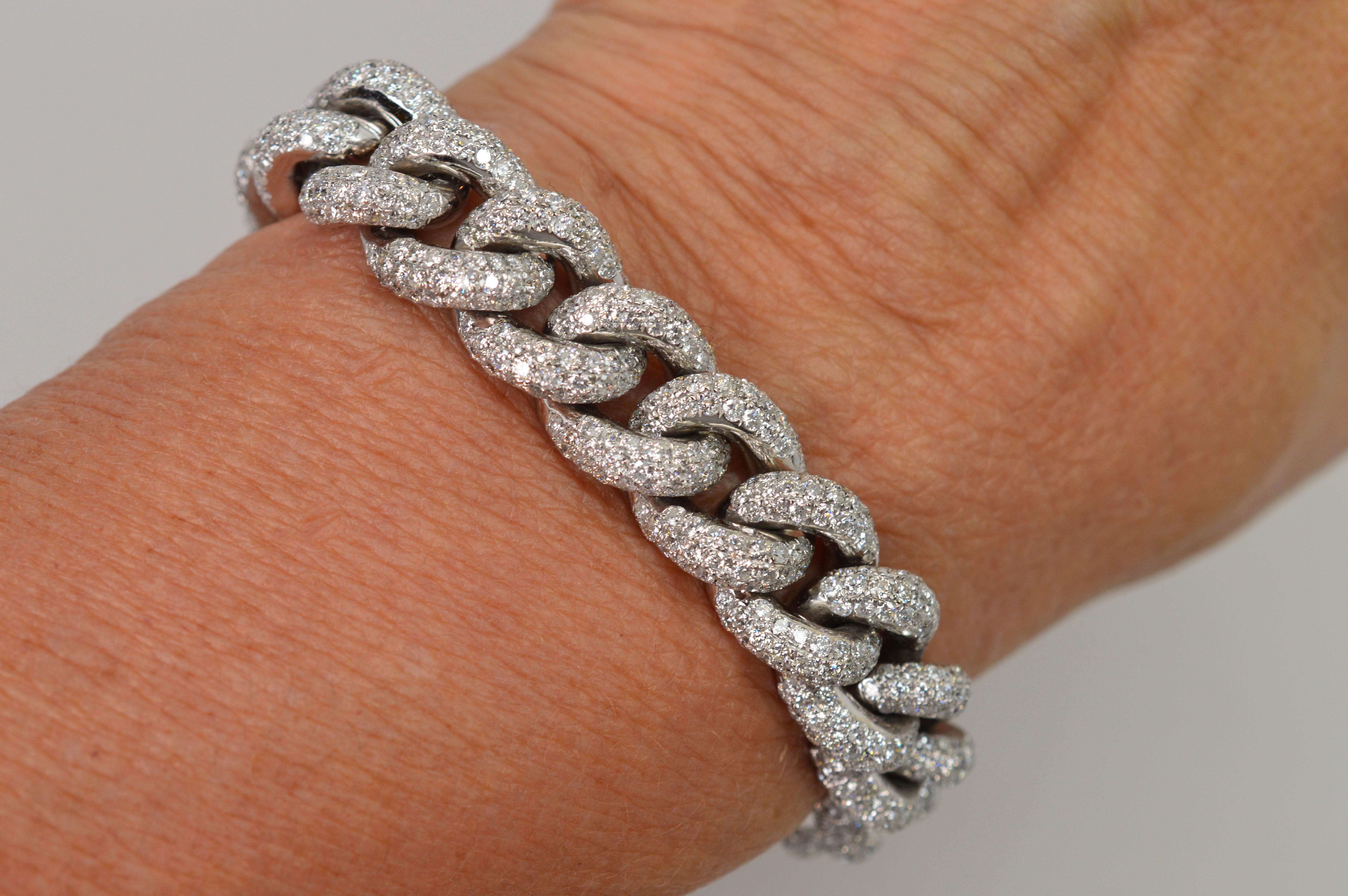 Retro Diamond Frosted 18 Karat White Gold Cuban Link Bracelet For Sale