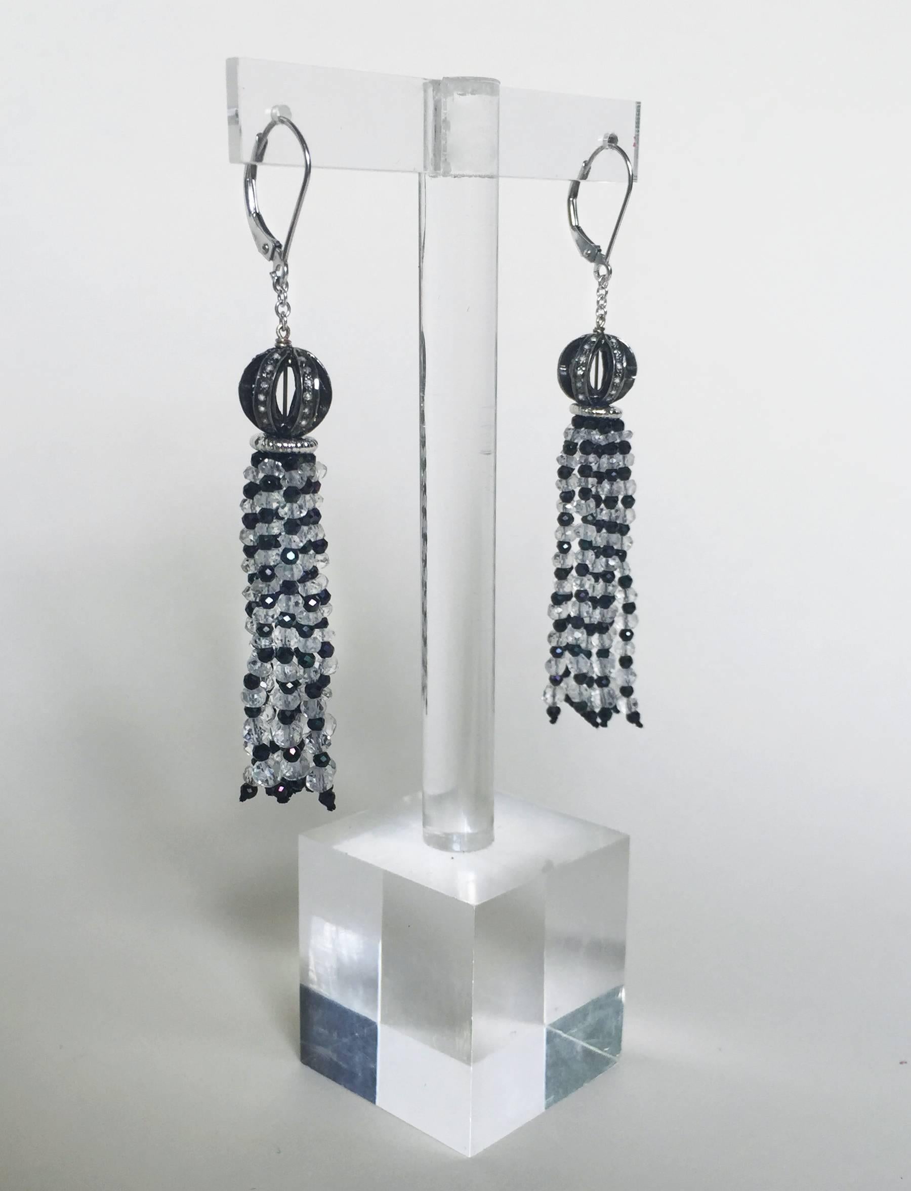 Art Deco Diamond Encrusted Ball Earrings with Quartz and Black Spinel Tassels by Marina J