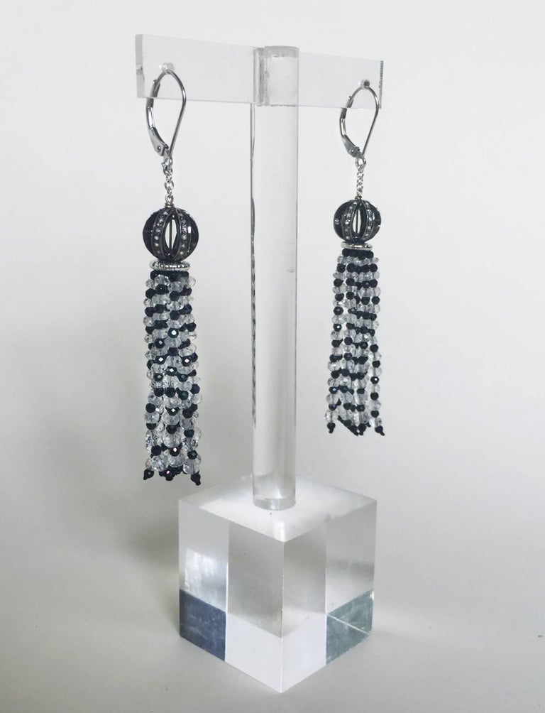 Art Deco Diamond Encrusted Ball Earrings with Quartz and Black Spinel Tassels by Marina J For Sale