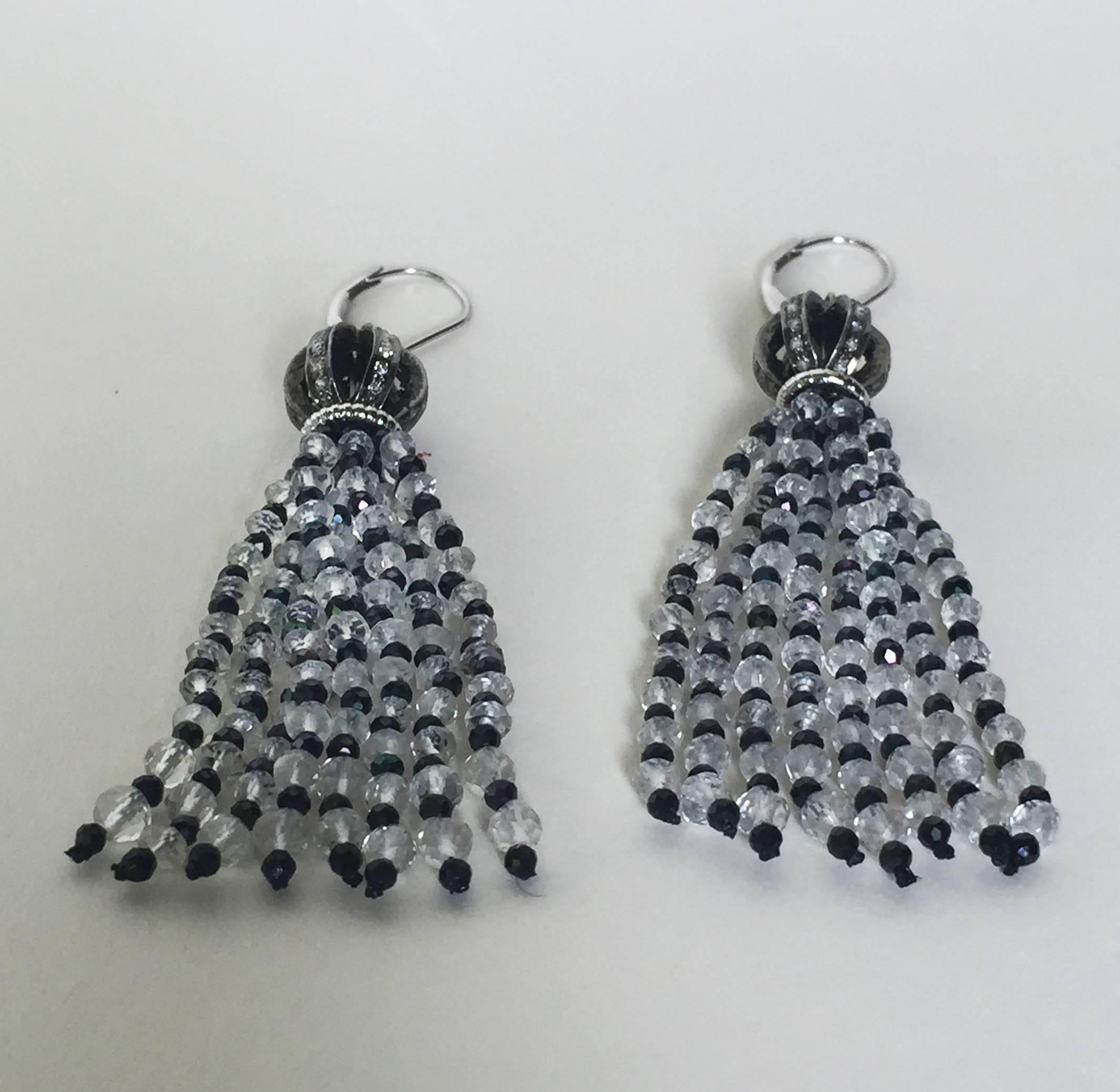 Bead Diamond Encrusted Ball Earrings with Quartz and Black Spinel Tassels by Marina J