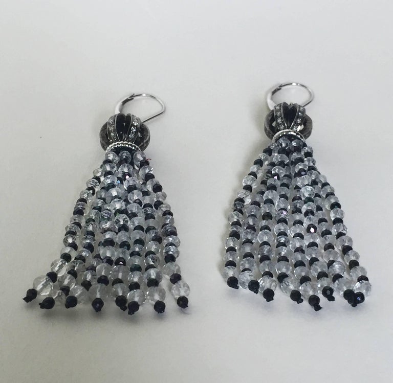 Bead Diamond Encrusted Ball Earrings with Quartz and Black Spinel Tassels by Marina J For Sale