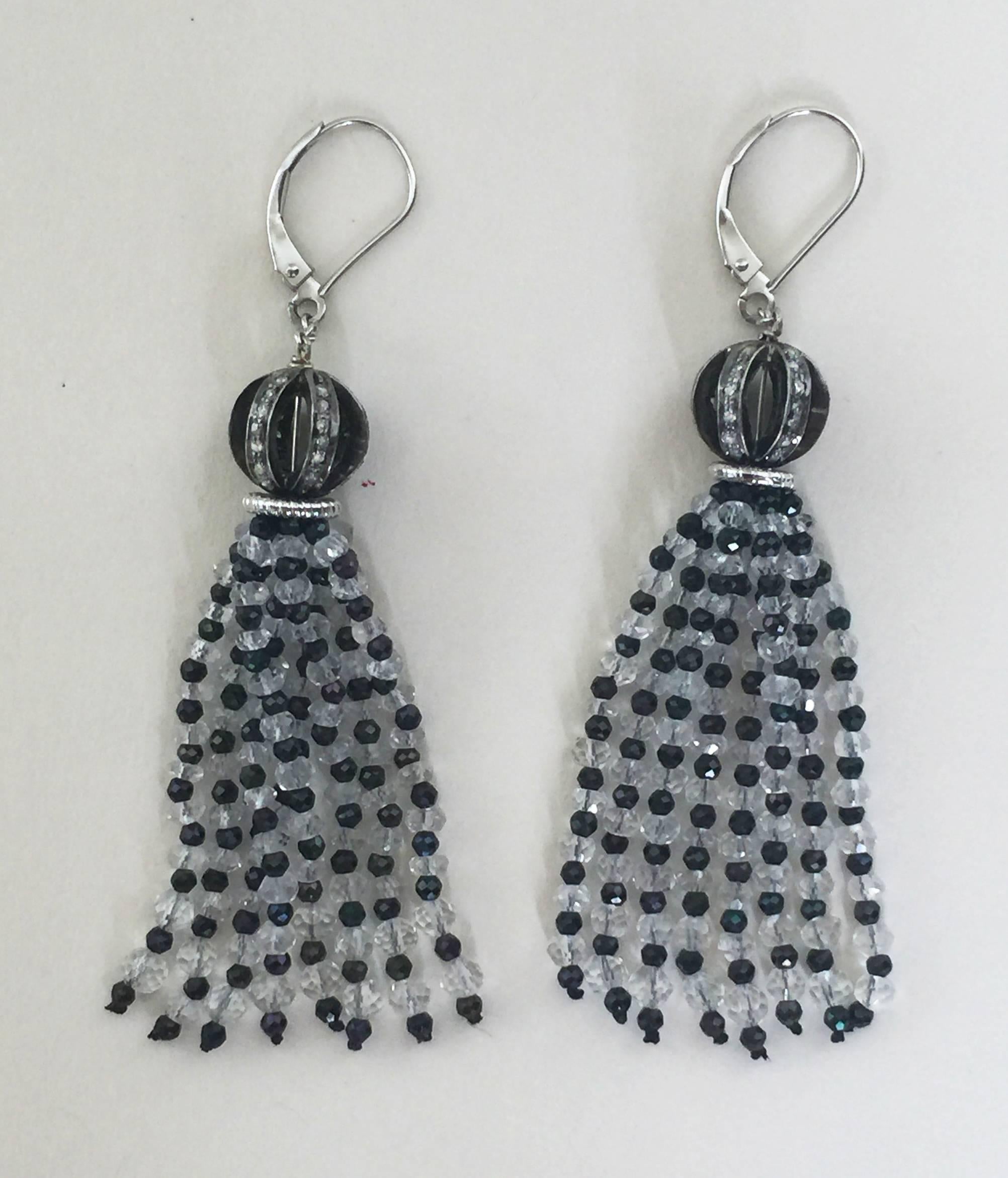 Diamond Encrusted Ball Earrings with Quartz and Black Spinel Tassels by Marina J In New Condition In Los Angeles, CA