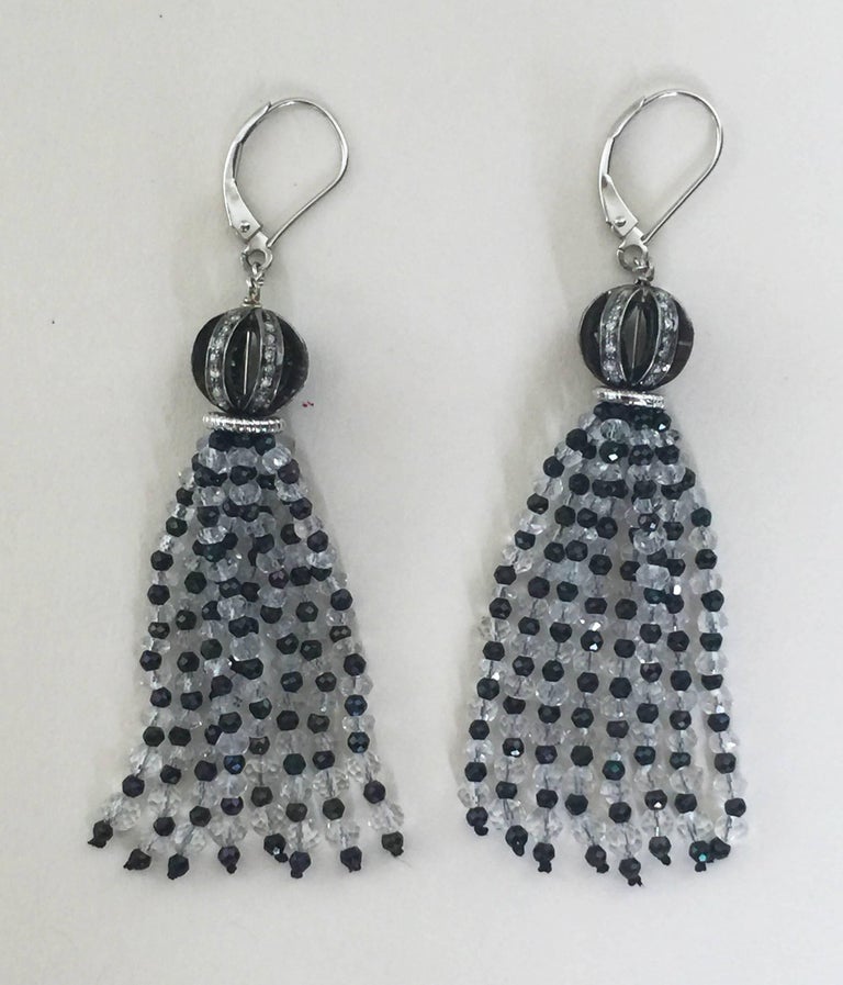 Diamond Encrusted Ball Earrings with Quartz and Black Spinel Tassels by Marina J In New Condition For Sale In Beverly Hills, CA