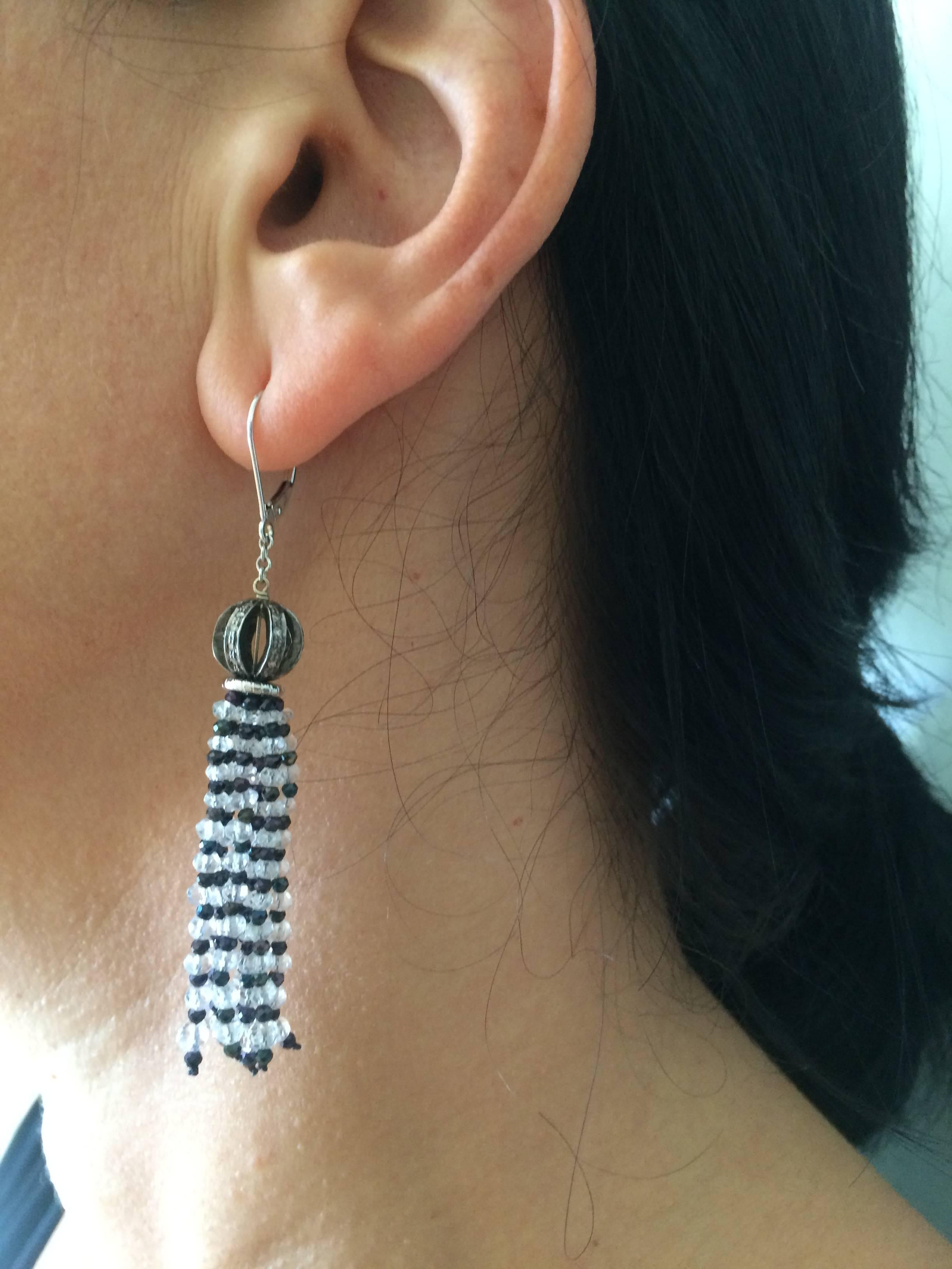 Diamond Encrusted Ball Earrings with Quartz and Black Spinel Tassels by Marina J 1