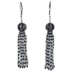 Diamond Encrusted Ball Earrings with Quartz and Black Spinel Tassels by Marina J