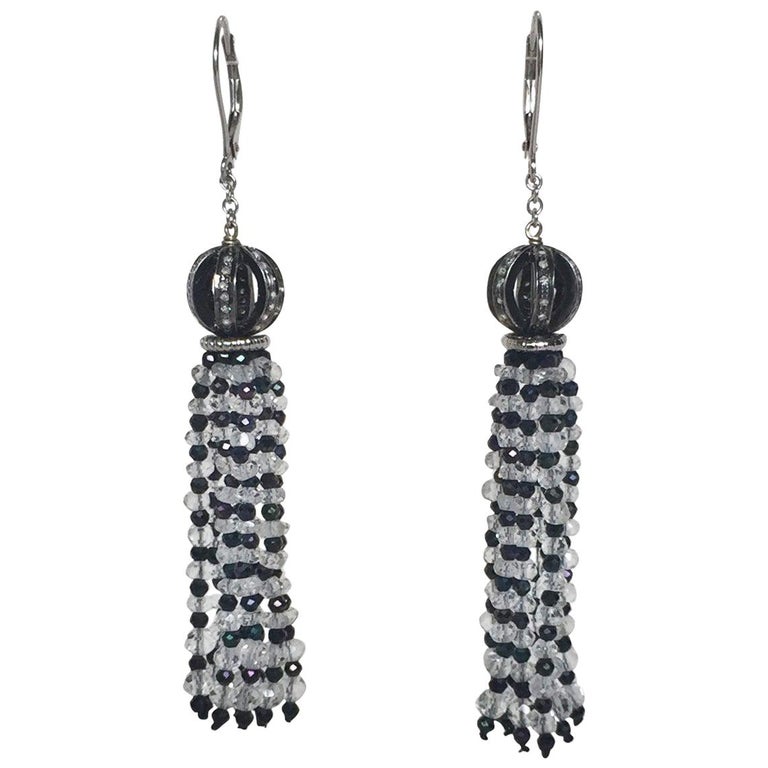 Diamond Encrusted Ball Earrings with Quartz and Black Spinel Tassels by Marina J For Sale