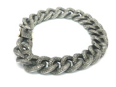 Diamond Encrusted Blackened Silver Curb Cuban Link Bracelet 14k Clasp Tongue