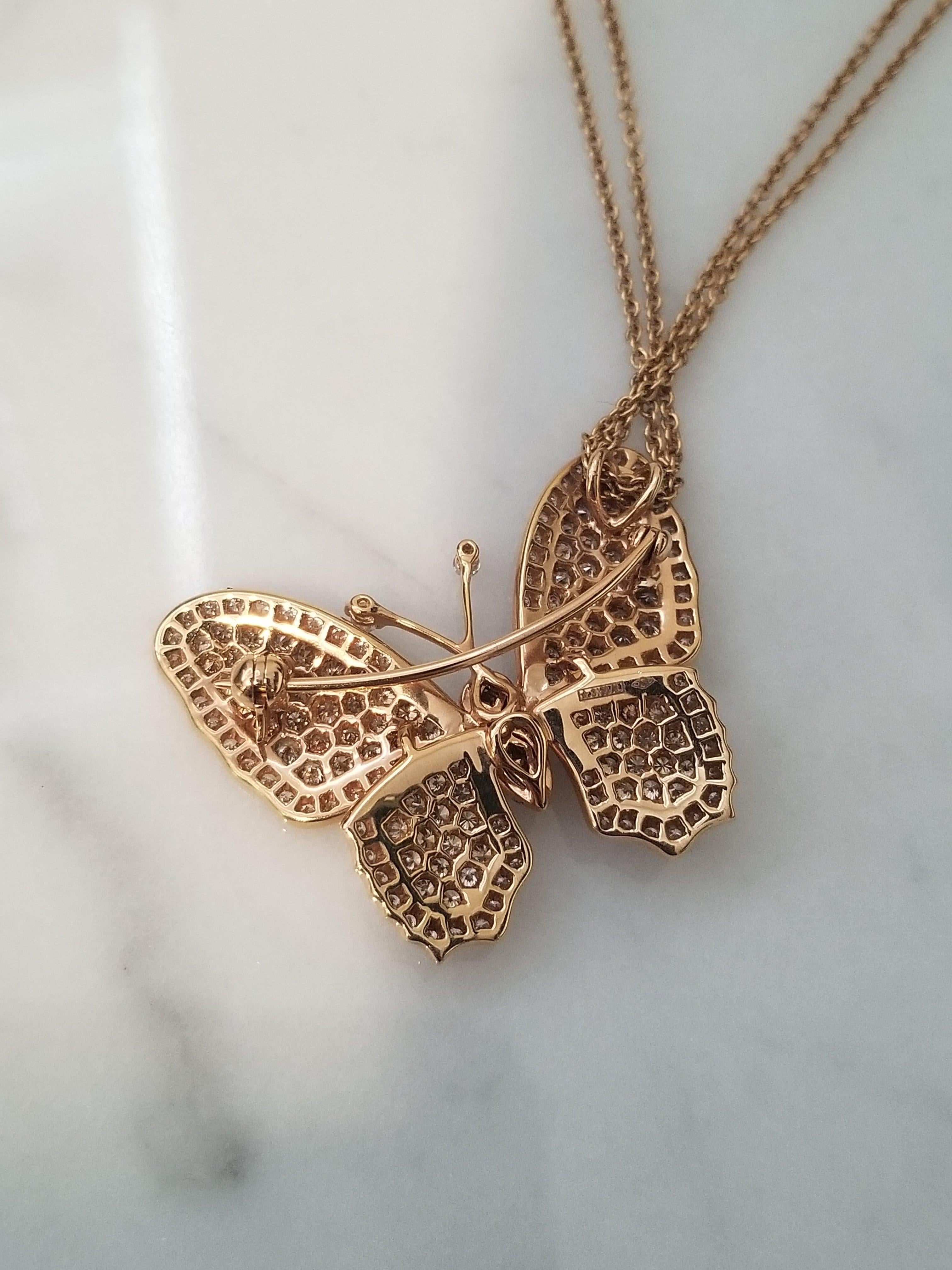 Don't miss your chance to own this beautiful diamond butterfly pendant that can also act like a brooch! 

A two-in-one type of jewelry piece that is set in 18 Karat Rose Gold with  : 
115 Bright and White Round Brilliant Cut Diamonds weighing