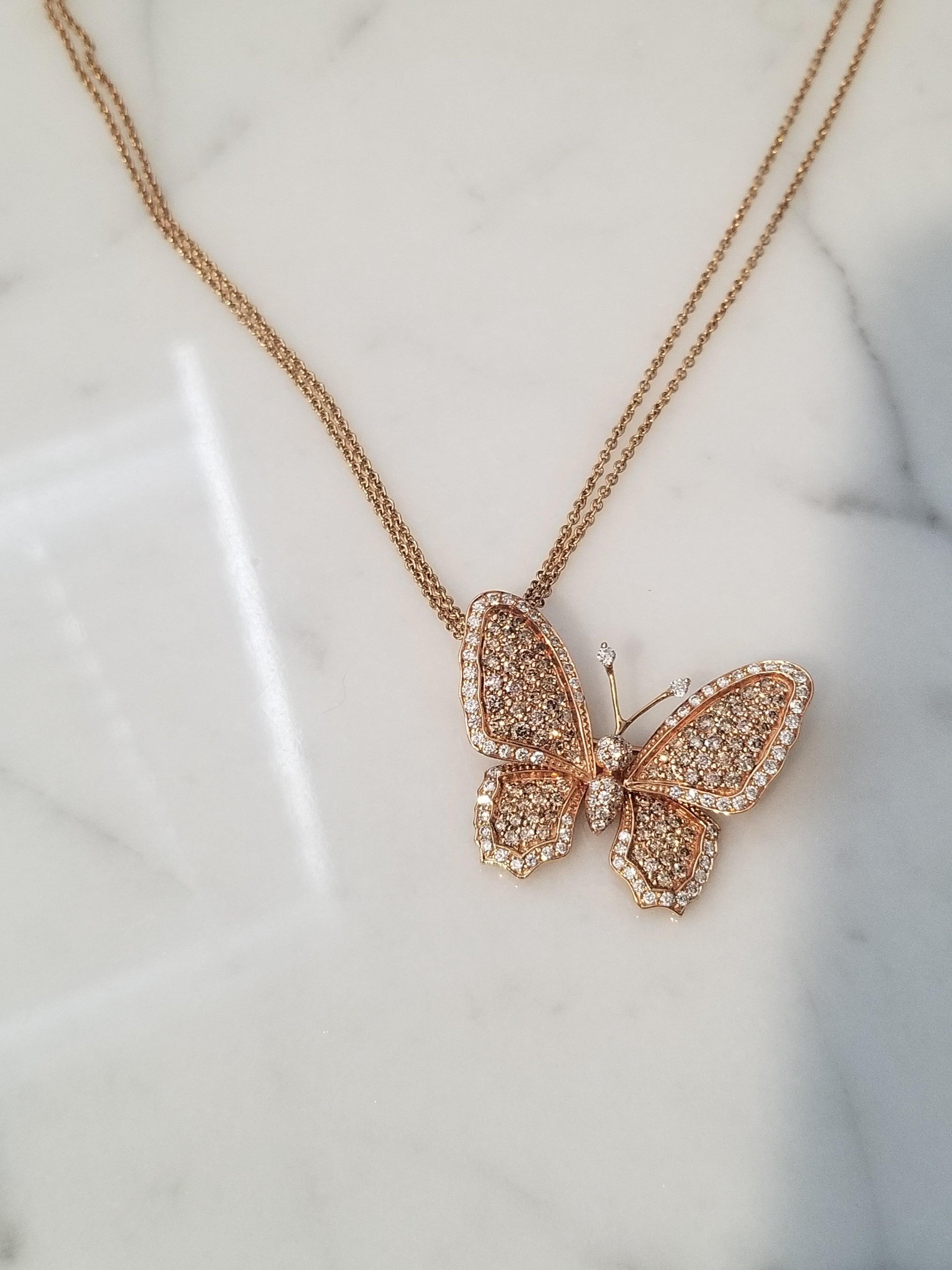 Round Cut 18K Rose Gold Diamond Butterfly Pendant / Brooch For Sale