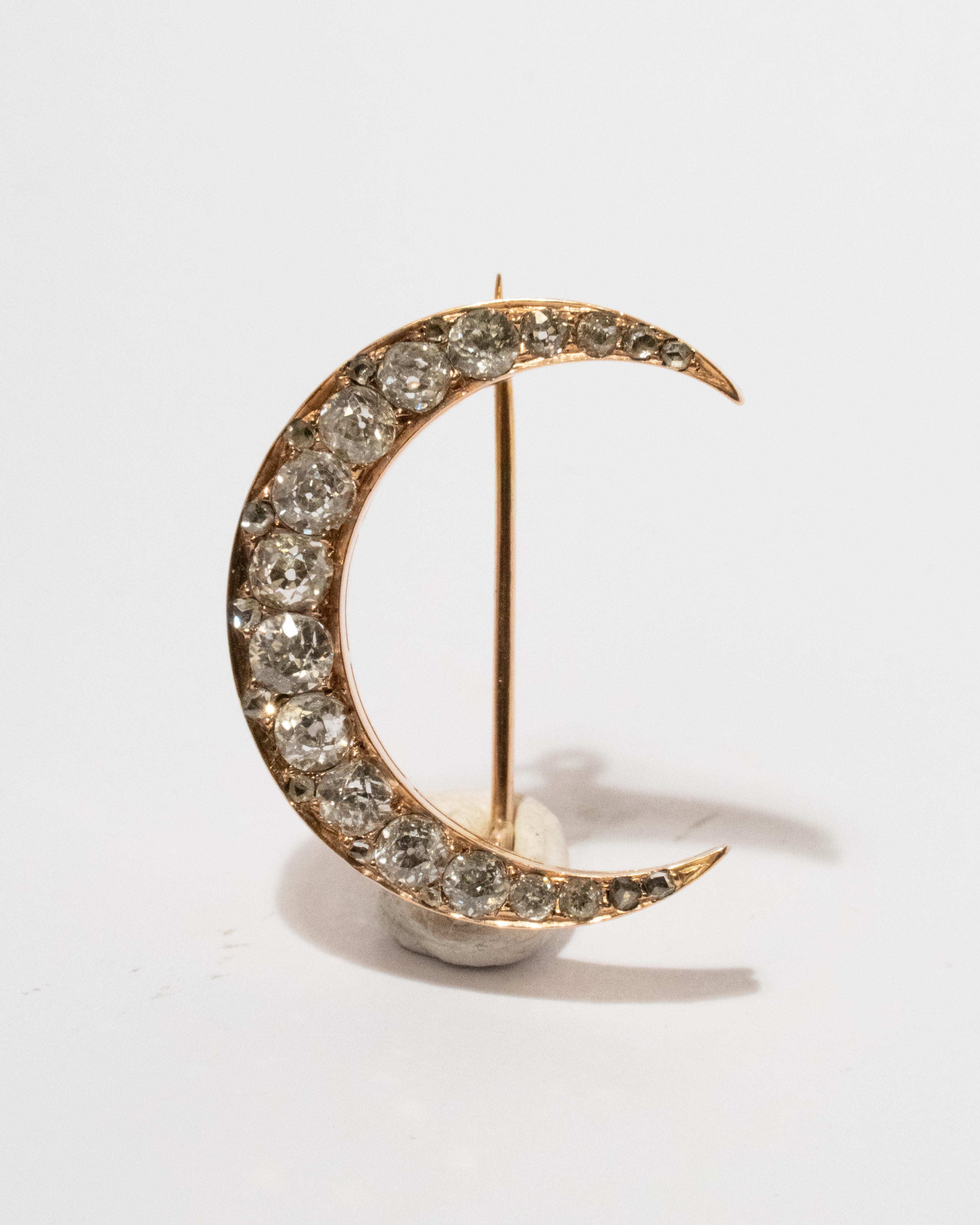 Old European Cut  19th Century Antique Diamond encrusted Crescent Moon Brooch For Sale