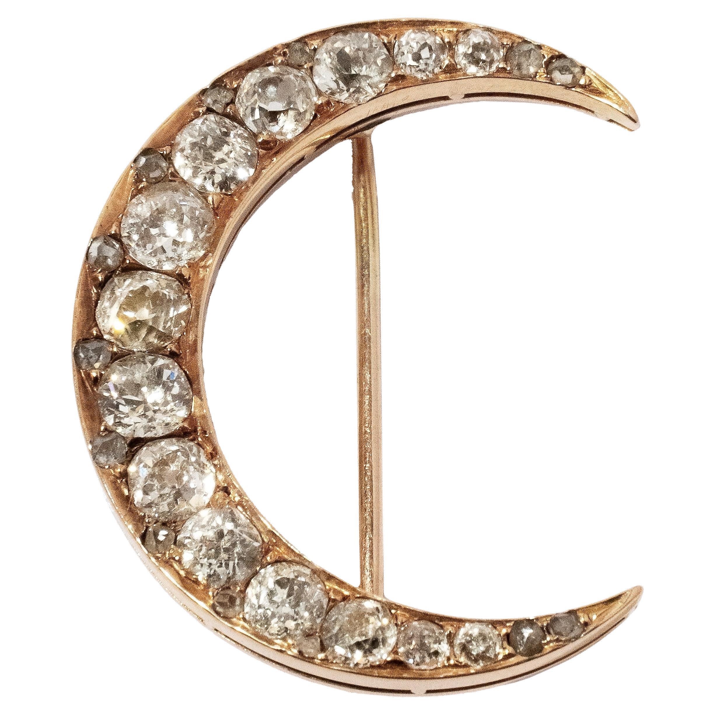  19th Century Antique Diamond encrusted Crescent Moon Brooch For Sale